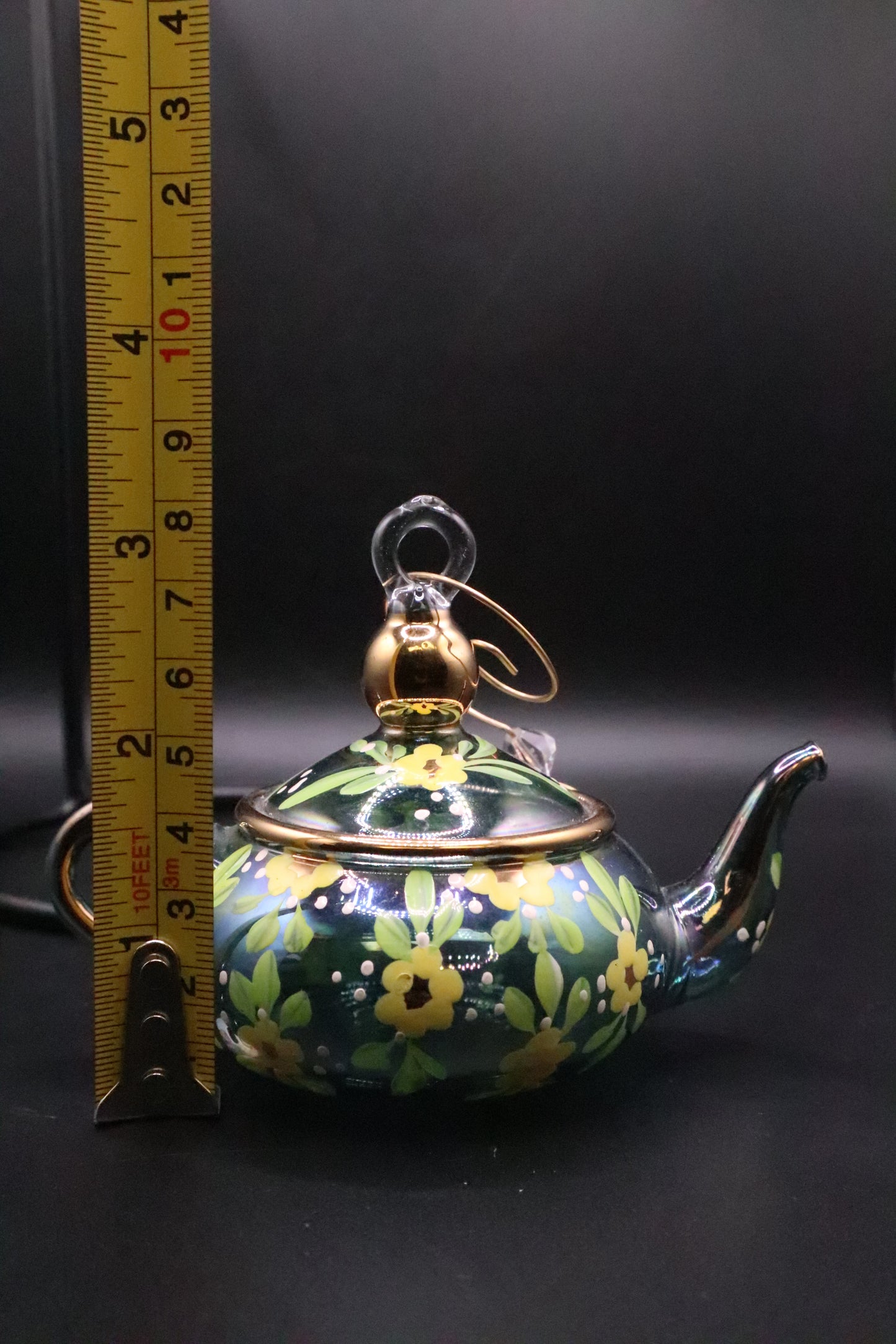 VINTAGE MATT MCGHEE GLASS ORNAMENT HAND PAINTED TEA POT FLOWERS GOLD