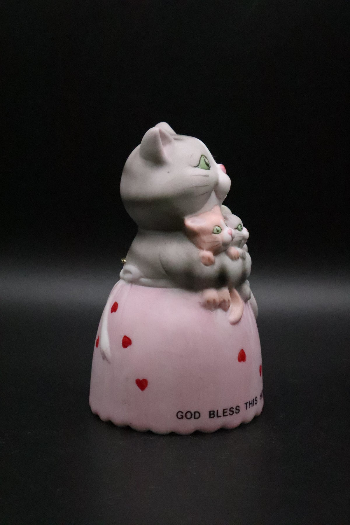VINTAGE BISQUE MOMMA KITTY HOLDING 3 BABY KITTIES BELL