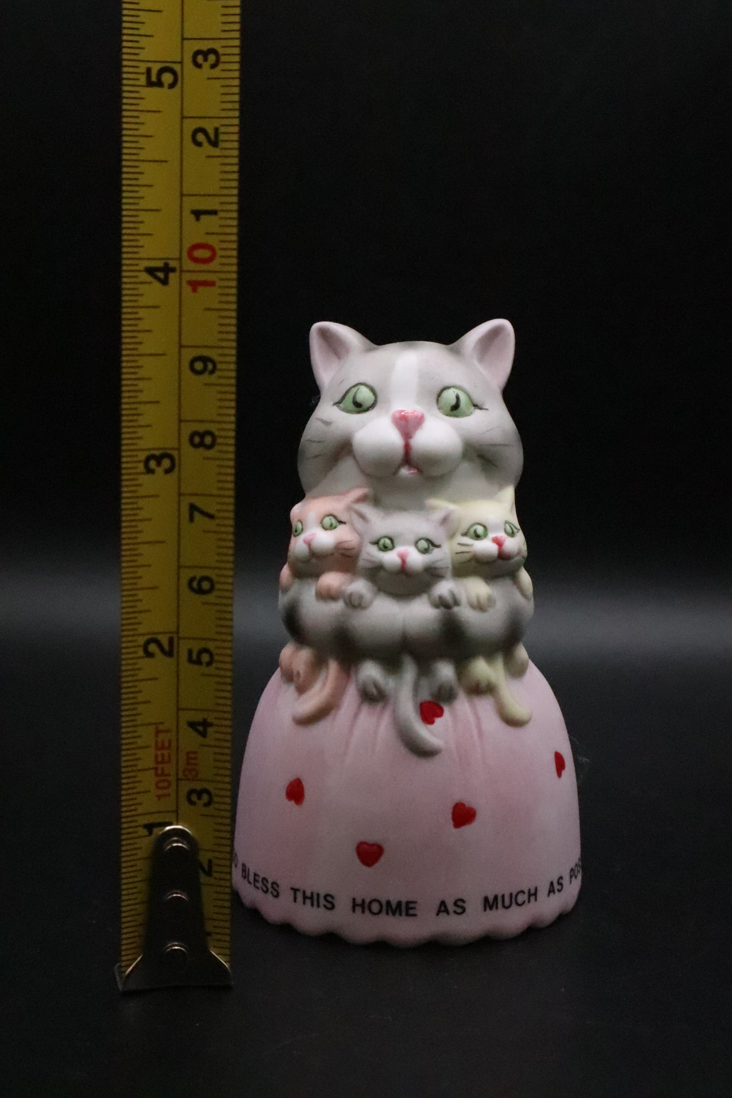 VINTAGE BISQUE MOMMA KITTY HOLDING 3 BABY KITTIES BELL