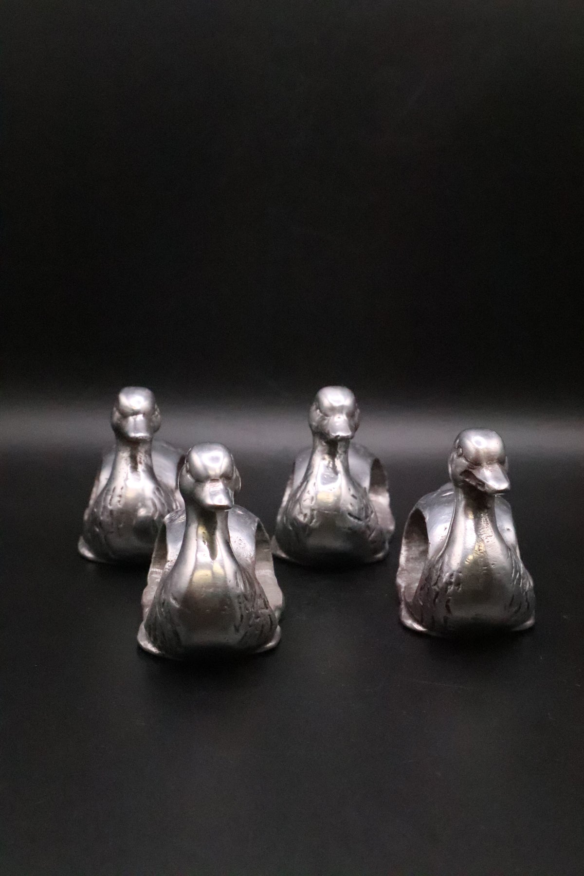 VINTAGE "SHAFORD" PEWTER DUCK NAPKIN RINGS SET OF 4
