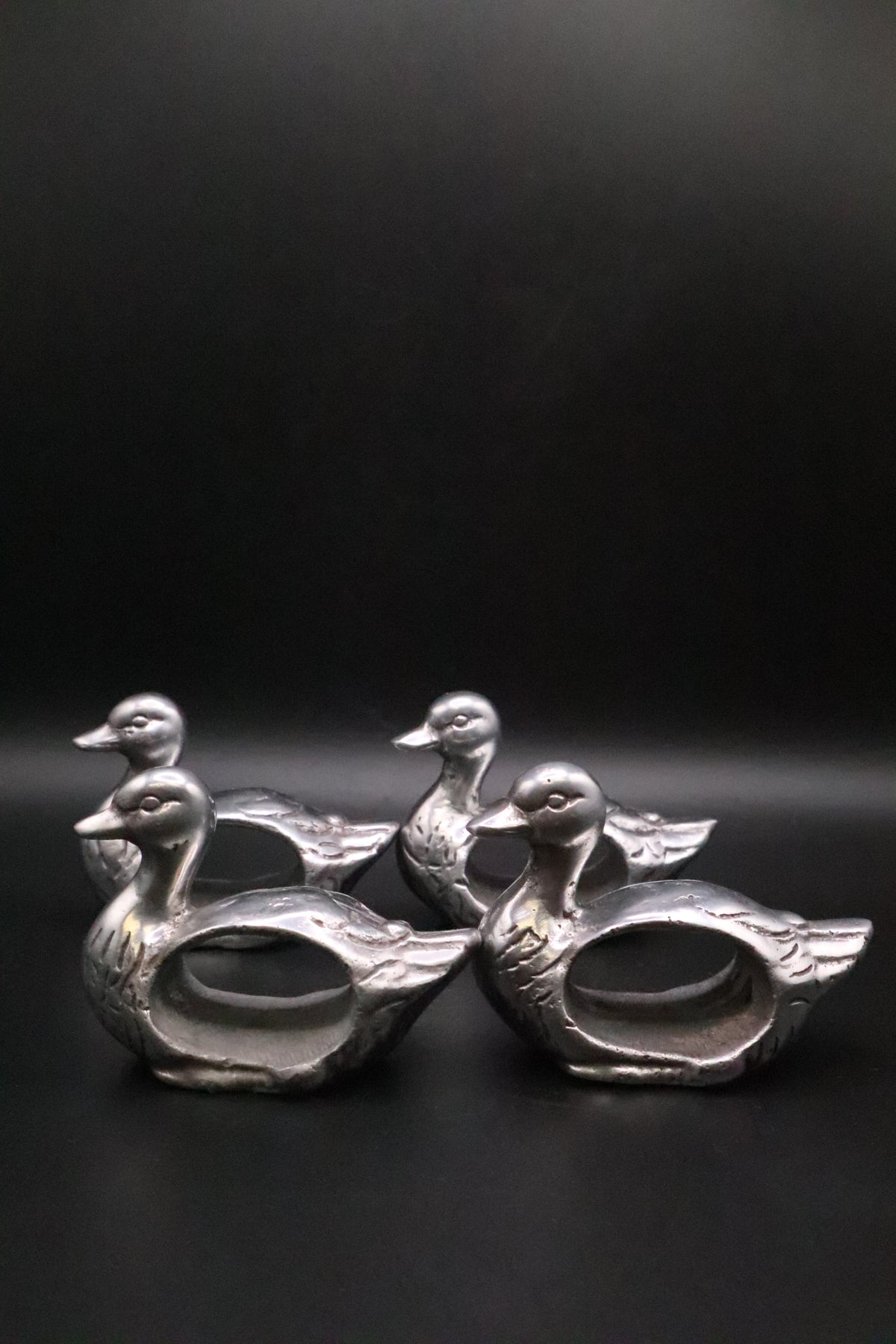 VINTAGE "SHAFORD" PEWTER DUCK NAPKIN RINGS SET OF 4