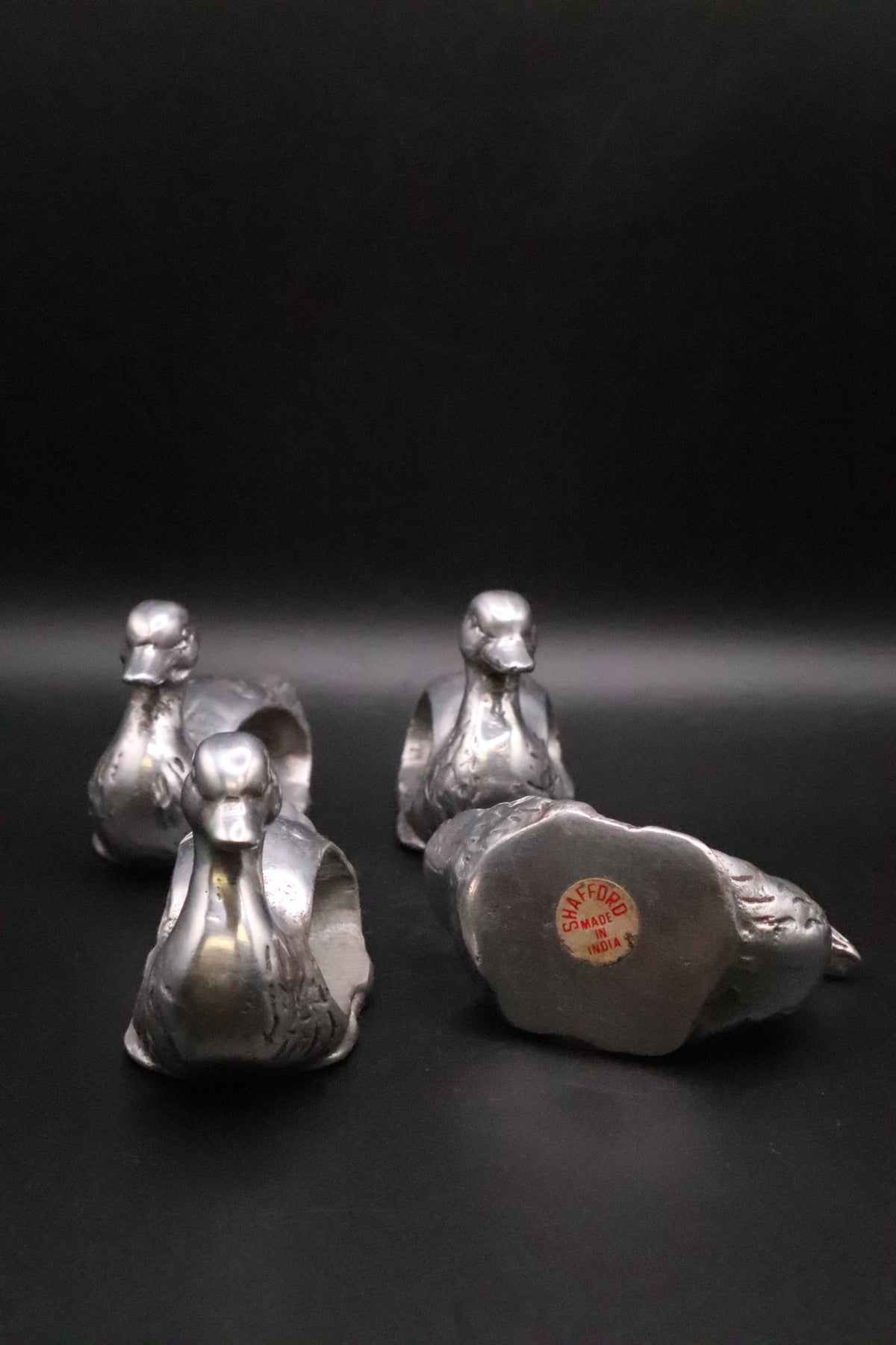 VINTAGE "SHAFORD" PEWTER DUCK NAPKIN RINGS SET OF 4