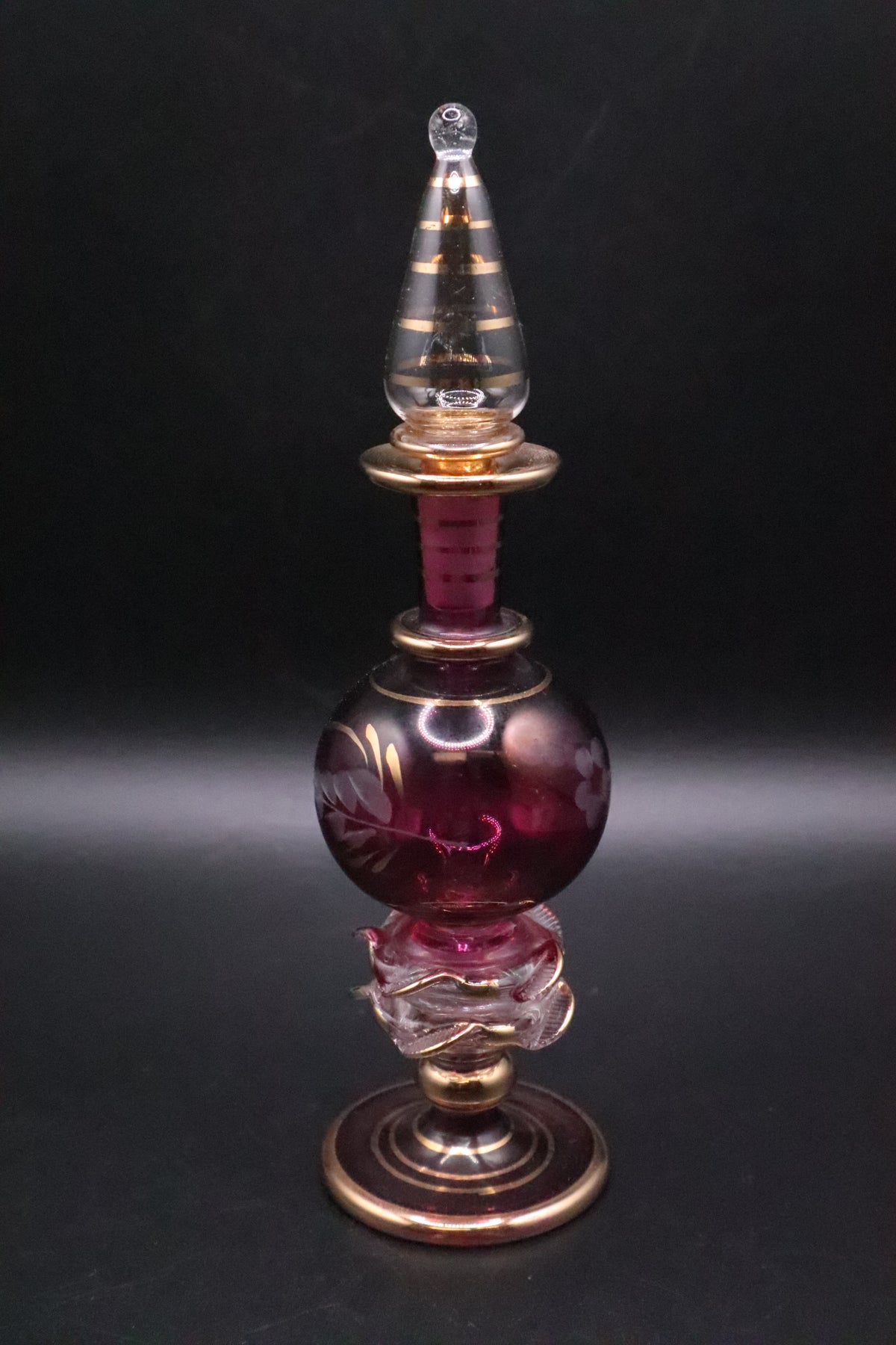 EGYPTIAN GLASS PERFUME BOTTLE CRANBERRY RED WITH GOLD ACCENT