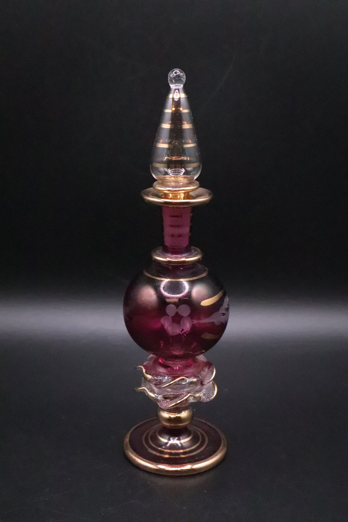 EGYPTIAN GLASS PERFUME BOTTLE CRANBERRY RED WITH GOLD ACCENT