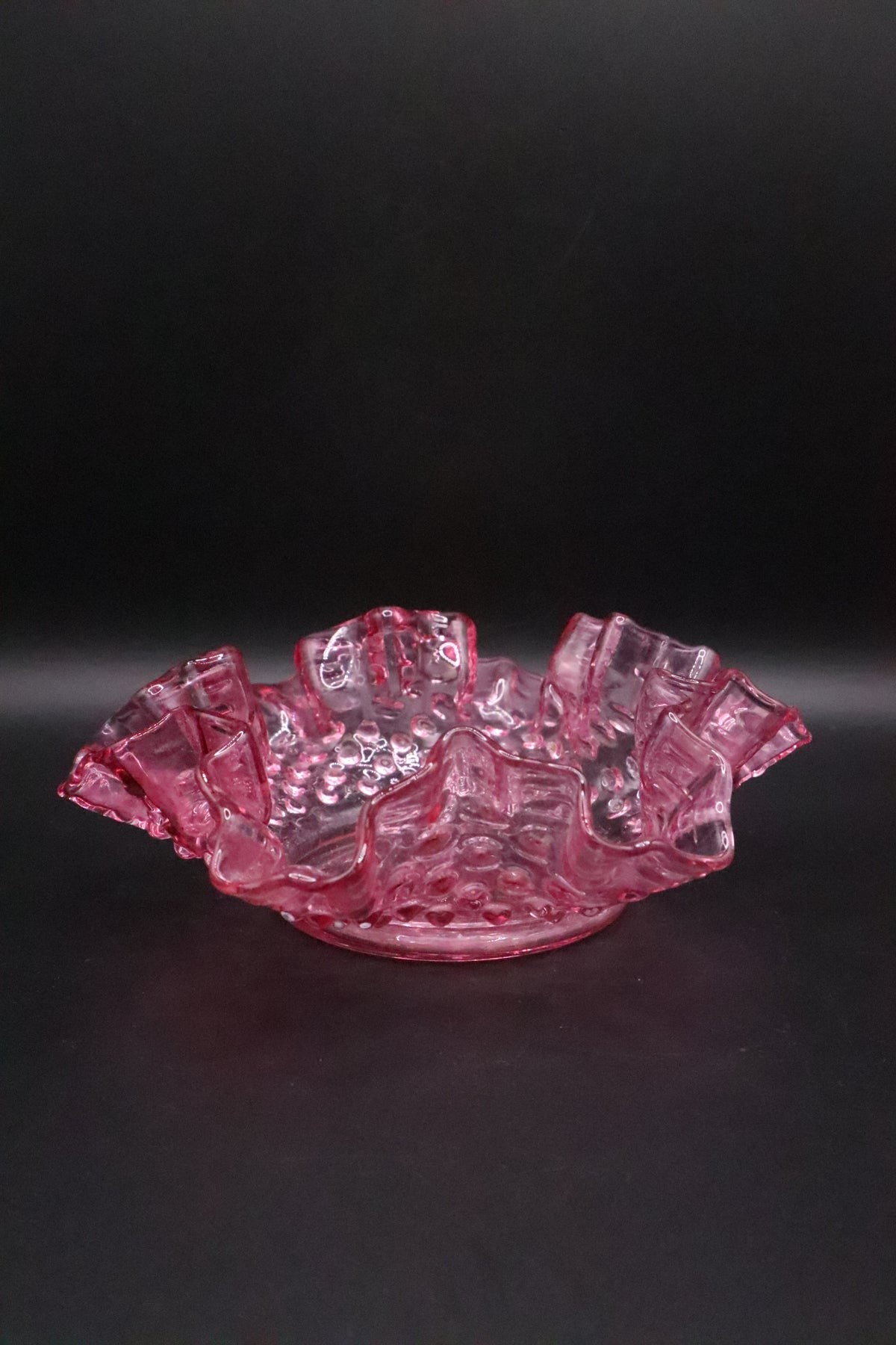 VINTAGE FENTON PINK HOBNAIL CANDY DISH RUFFLED EDGE