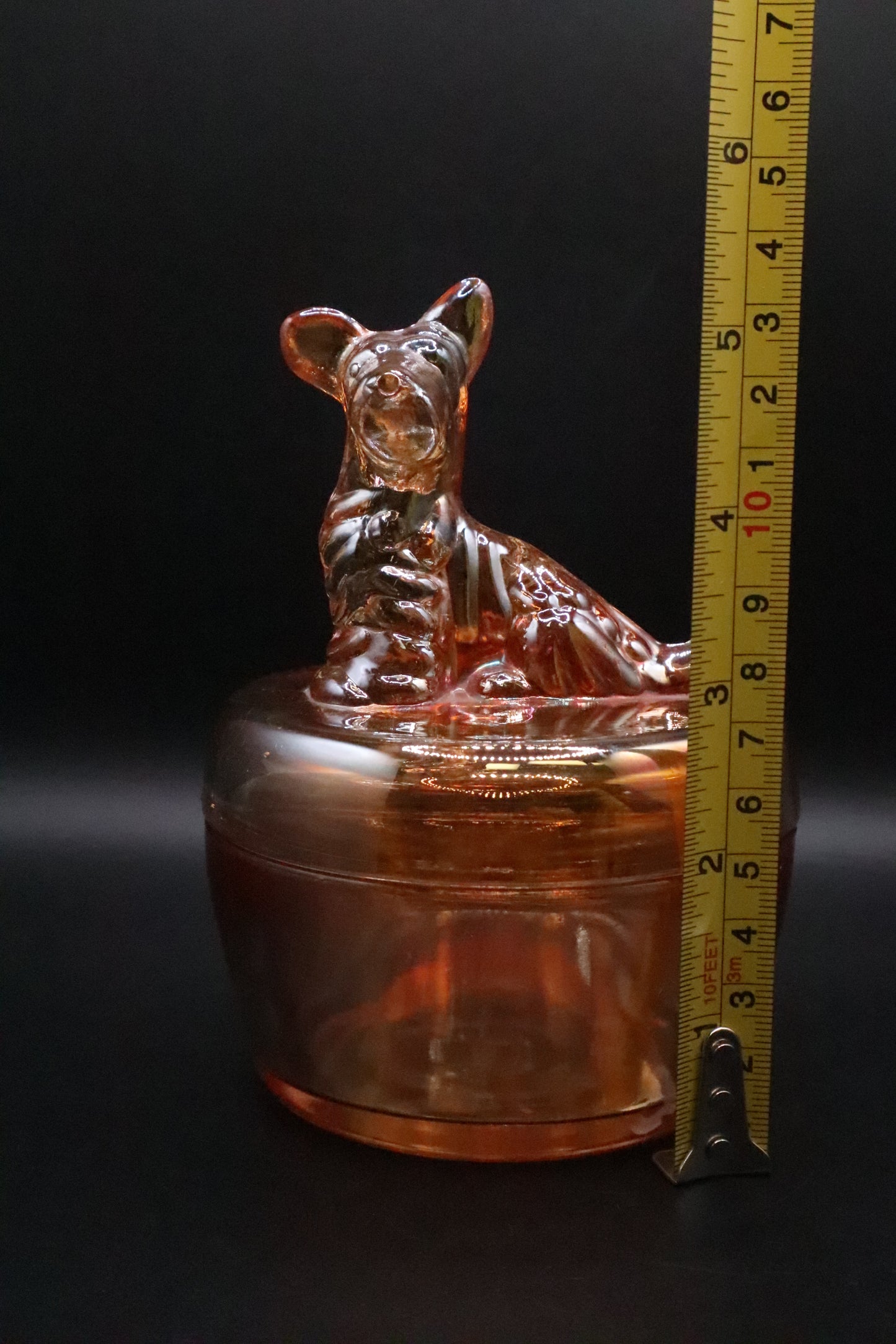 VINTAGE JEANNETTE MARIGOLD CARNIVAL GLASS TERRIER SCOTTY DOG COVERED DISH