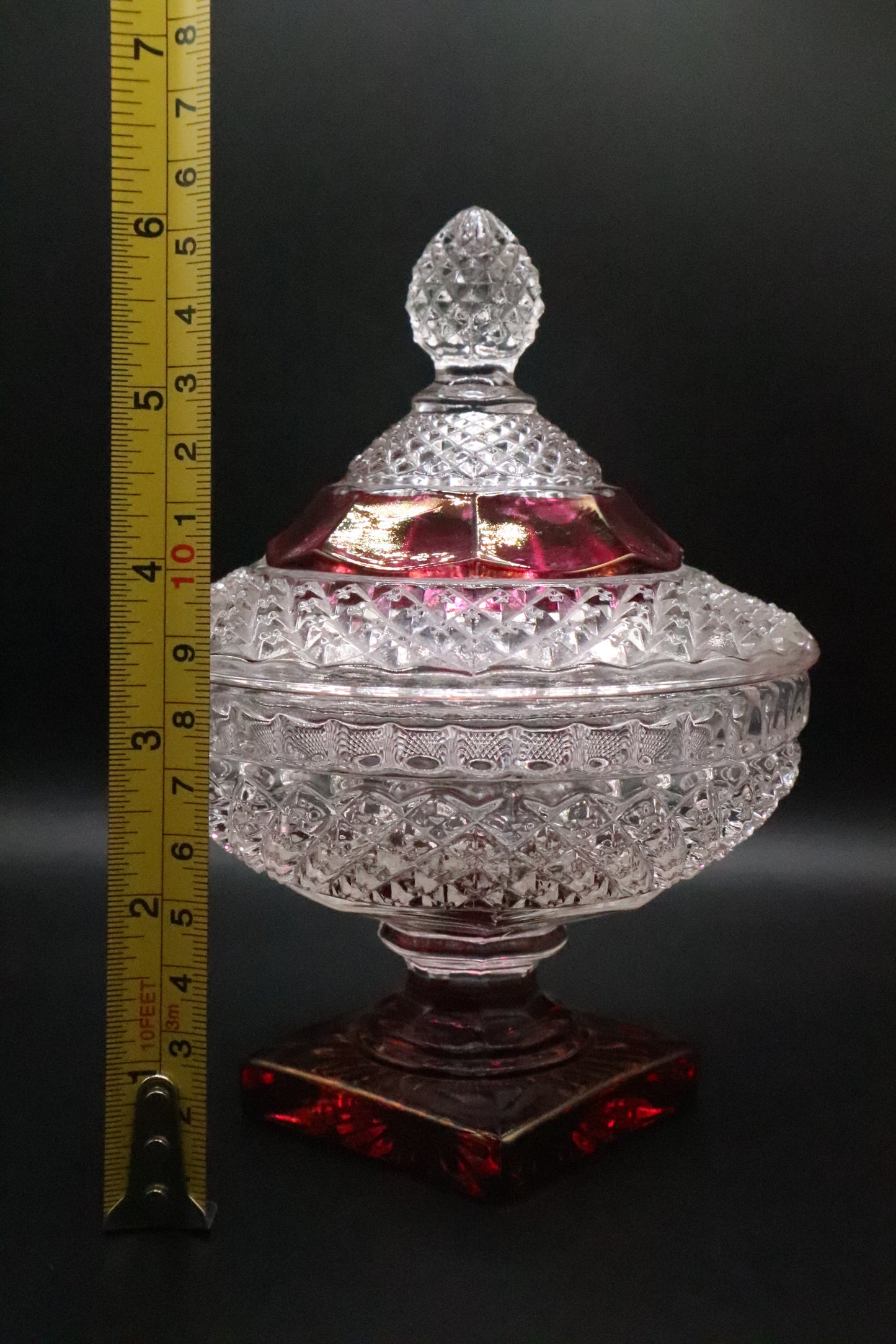 VINTAGE WESTMORELAND ENGLISH HOBNAIL FOOTED CRANBERRY CANDY DISH WITH LID