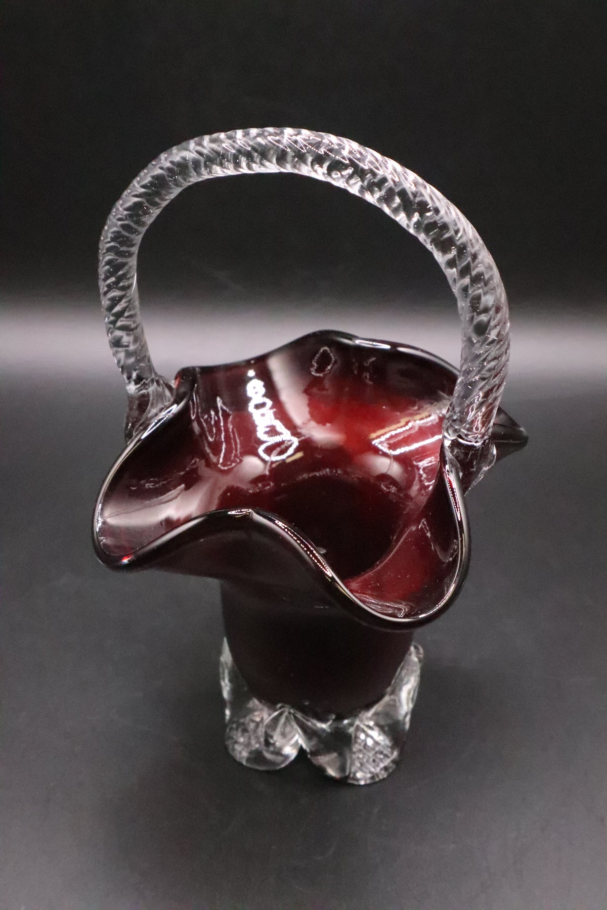 VINTAGE HAND BLOWN RUBY RED GLASS BASKEY