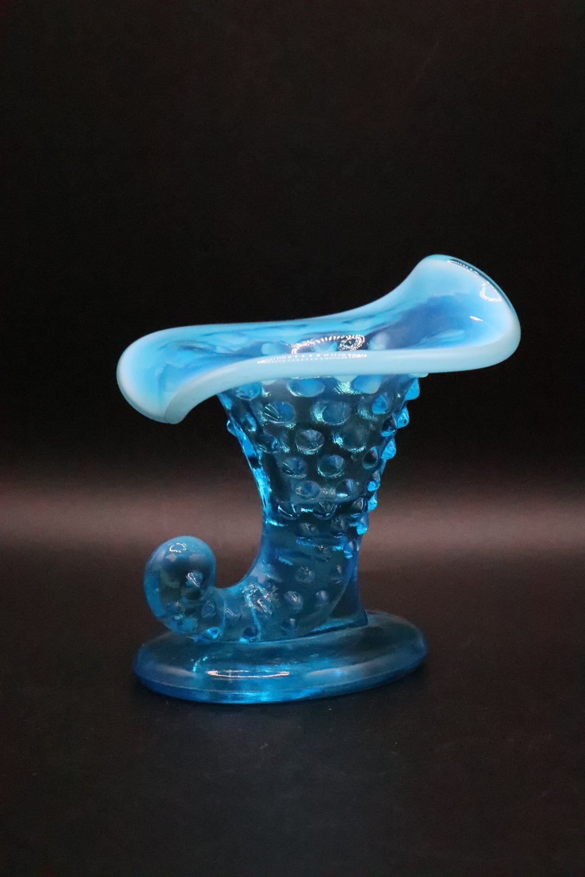 FENTON HOBNAIL BLUE OPALESCENT GLASS VASE HORN