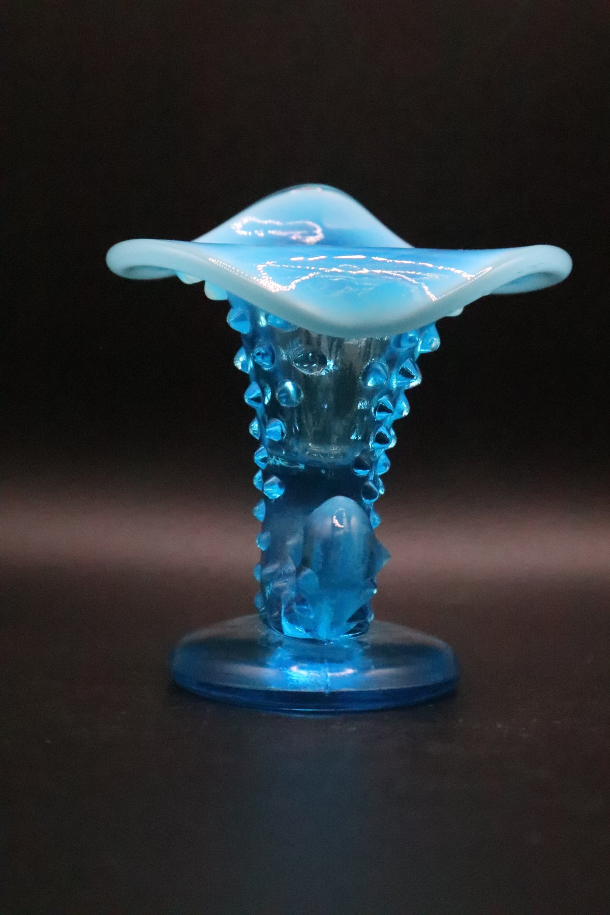 FENTON HOBNAIL BLUE OPALESCENT GLASS VASE HORN