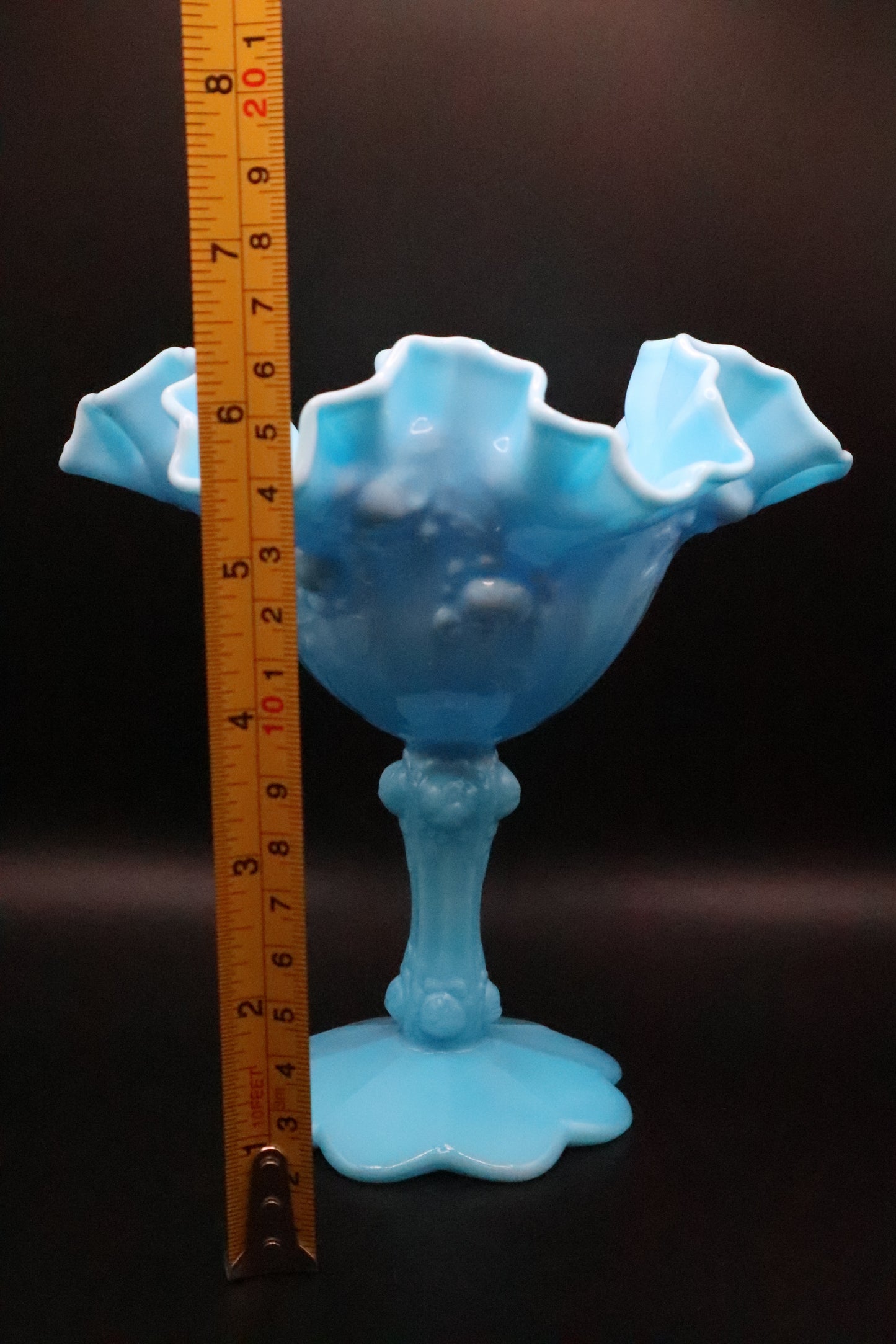 FENTON HOBNAIL BLUE AND WHITE SLANG GLASS PEDESTAL WITH RUFFLED EDGE