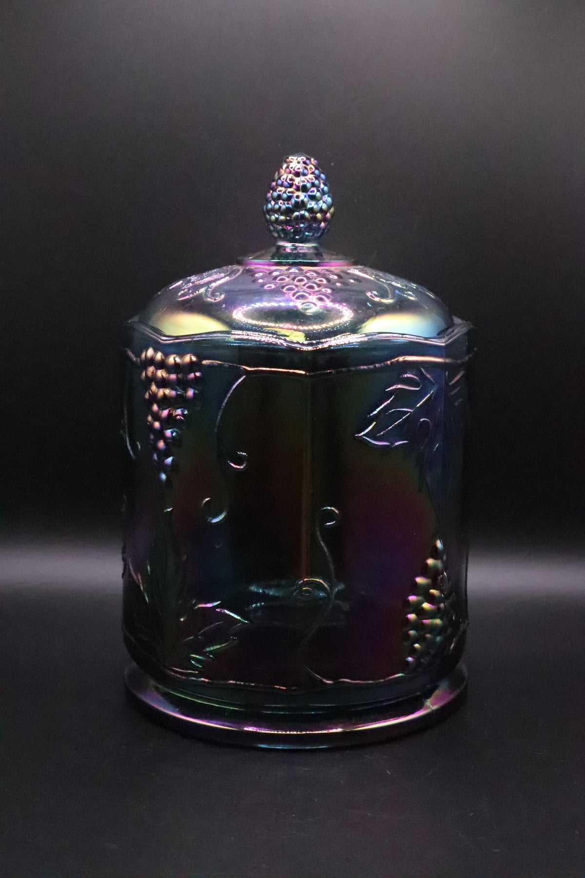 VINTAGE INDIANA IRIDESCENT BLUE CARNIVAL GLASS CANISTER WITH LID