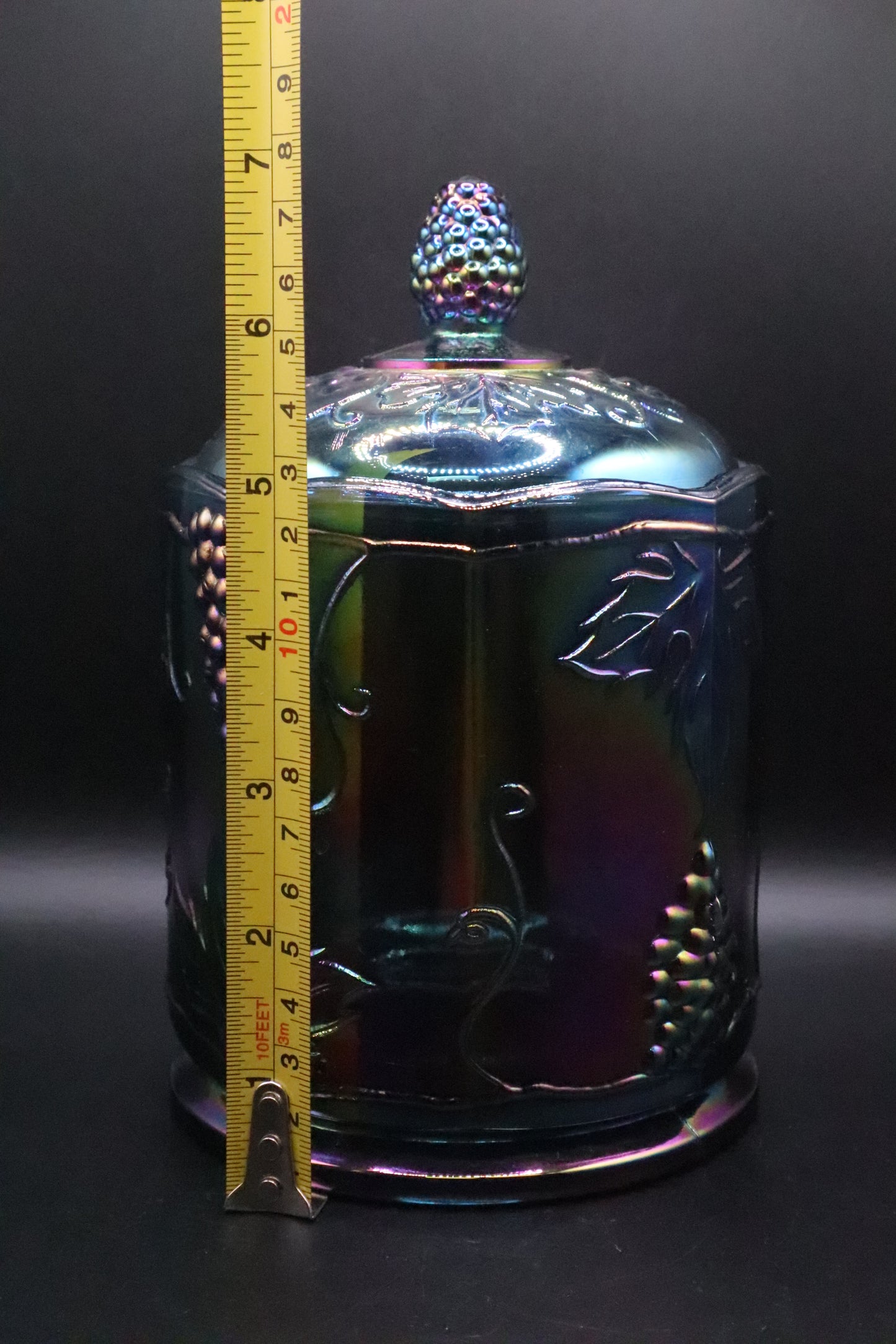 VINTAGE INDIANA IRIDESCENT BLUE CARNIVAL GLASS CANISTER WITH LID
