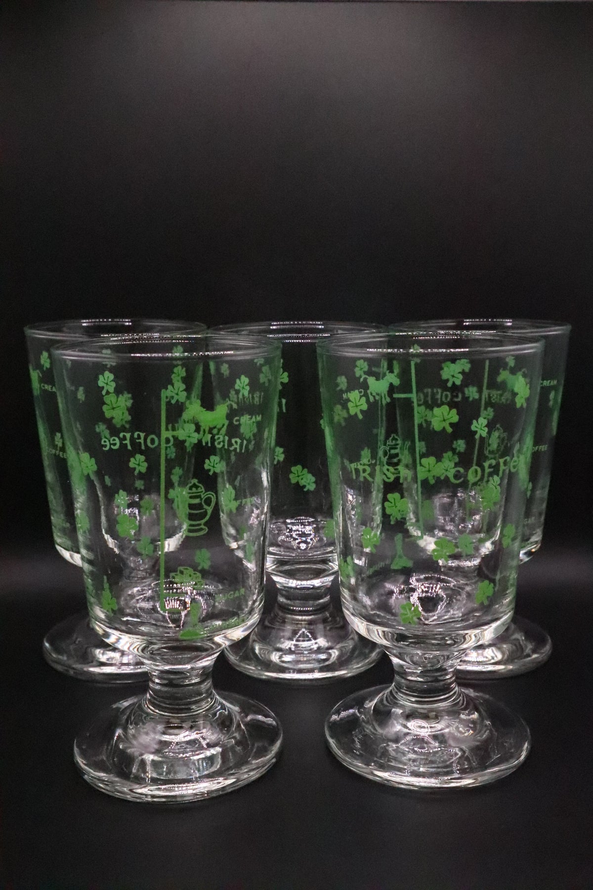 VINTAGE SHAMROCK AND RECIPE IRISH COFFEE FOOTED GLASSES SET OF 5