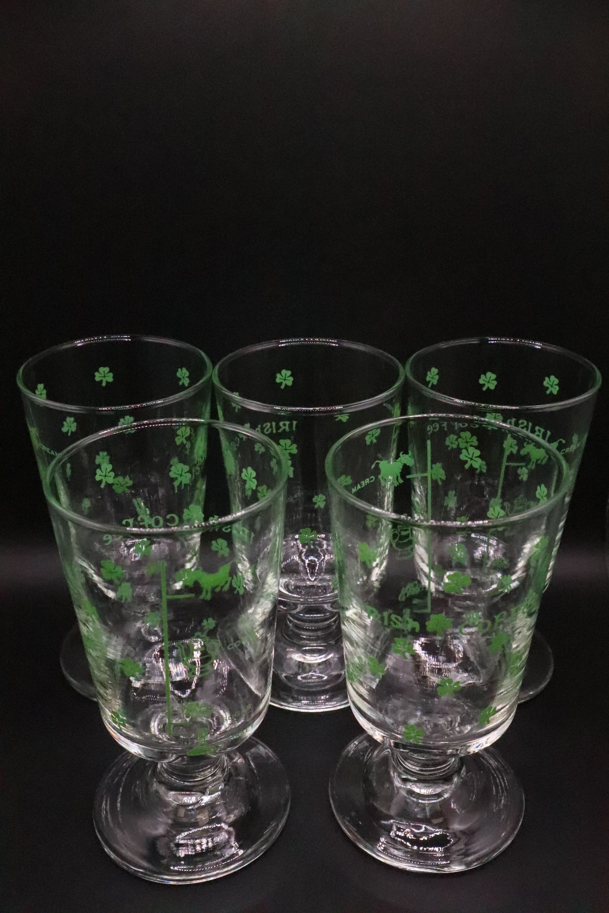 VINTAGE SHAMROCK AND RECIPE IRISH COFFEE FOOTED GLASSES SET OF 5