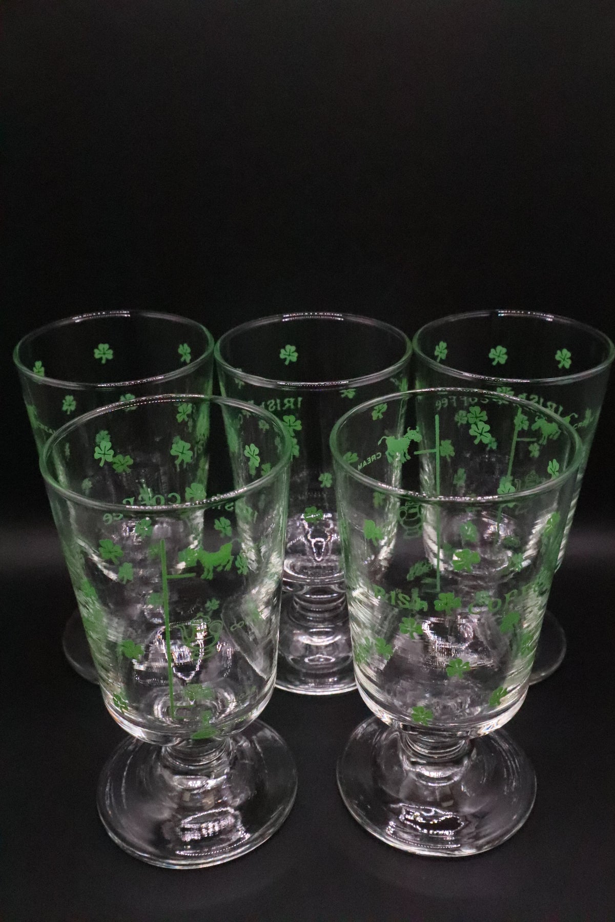VINTAGE SHAMROCK AND RECIPE IRISH COFFEE FOOTED GLASSES SET OF 5