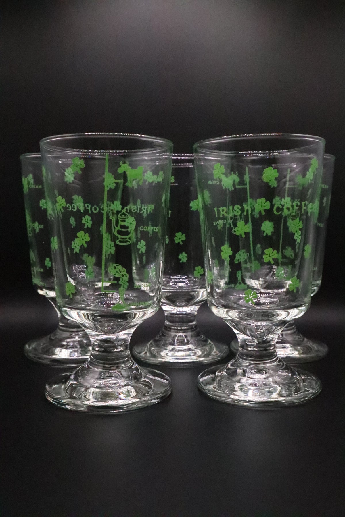 VINTAGE SHAMROCK AND RECIPE IRISH COFFEE FOOTED GLASSES SET OF 5