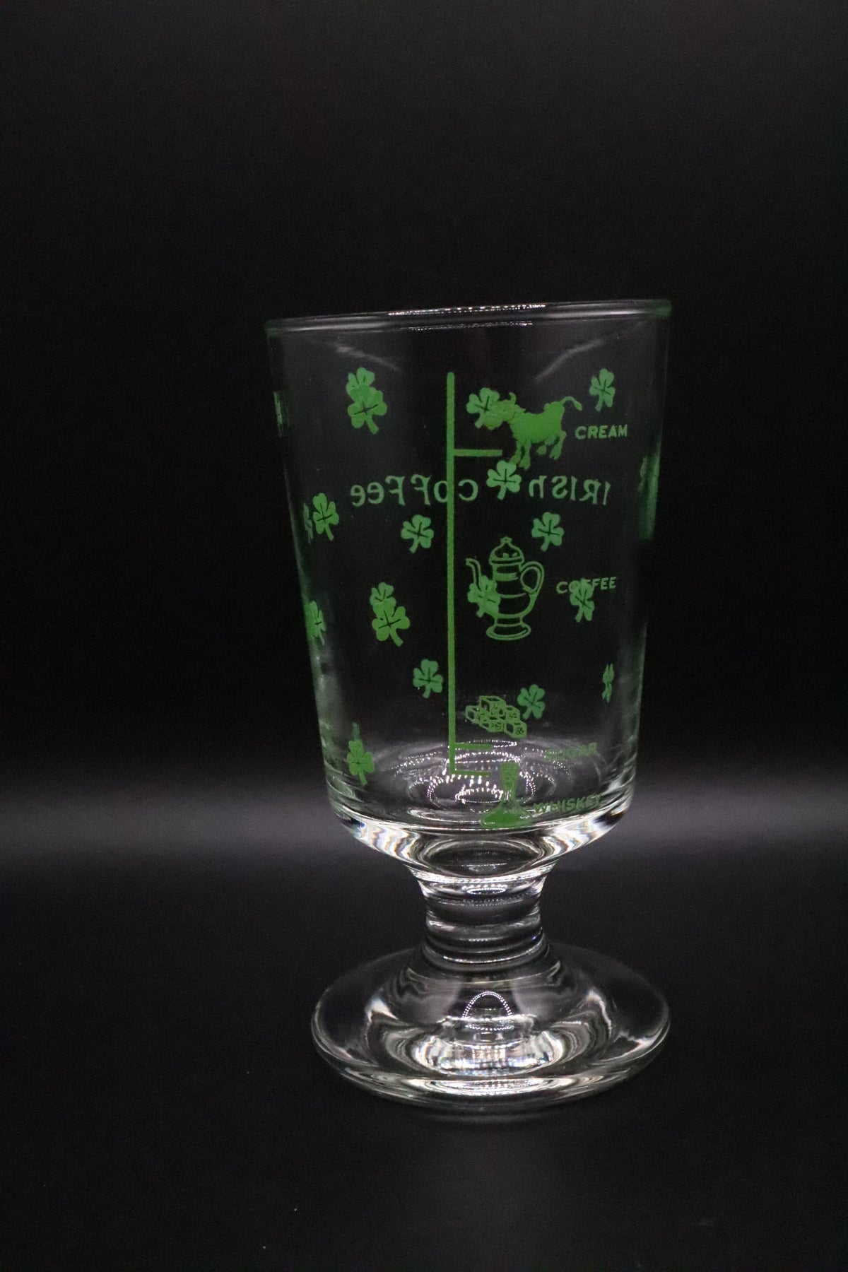 VINTAGE SHAMROCK AND RECIPE IRISH COFFEE FOOTED GLASSES SET OF 5
