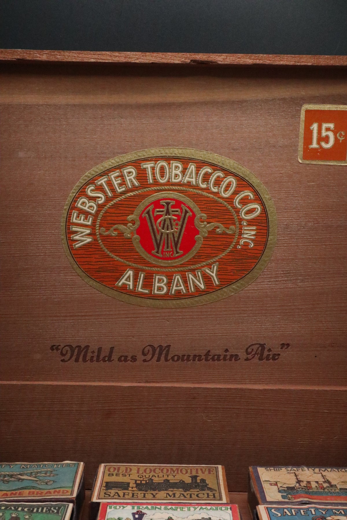 VINTAGE WEBSTER TOBACCO CO. CIGAR BOX WITH SAFETY MATCH BOXES (SET OF 12)