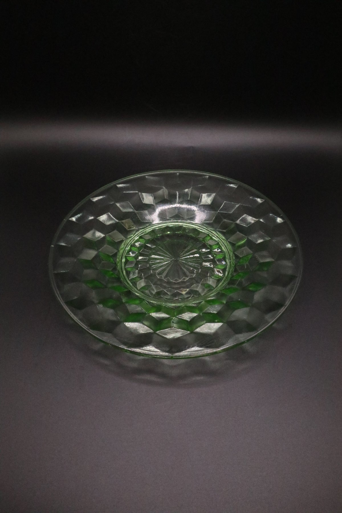VASELINE GREEN GLASS DISH DIAMOND PATTERN