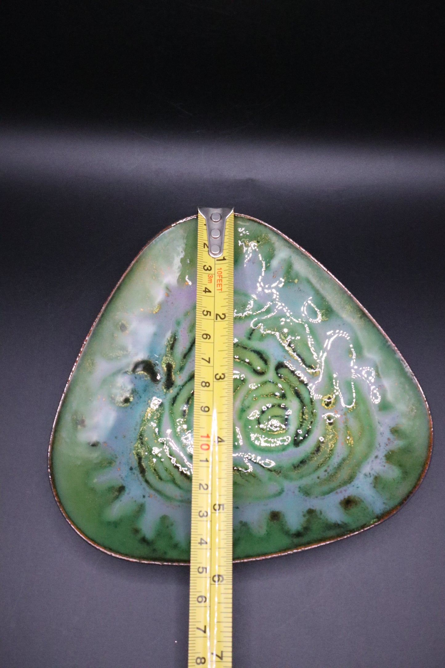 VINTAGE ENAMEL ON COPPER ROSE/GREEN TRIANGULAR SIGNED DISH