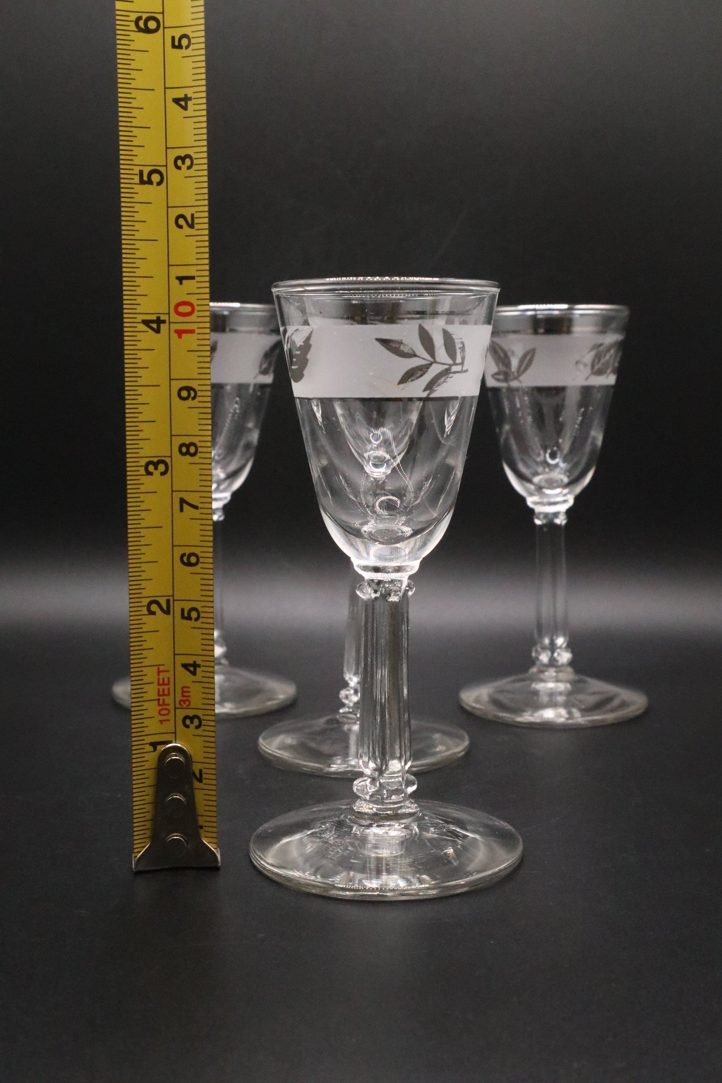 4 LIBBEY SILVER LEAF CORDIAL SHOT GLASSES