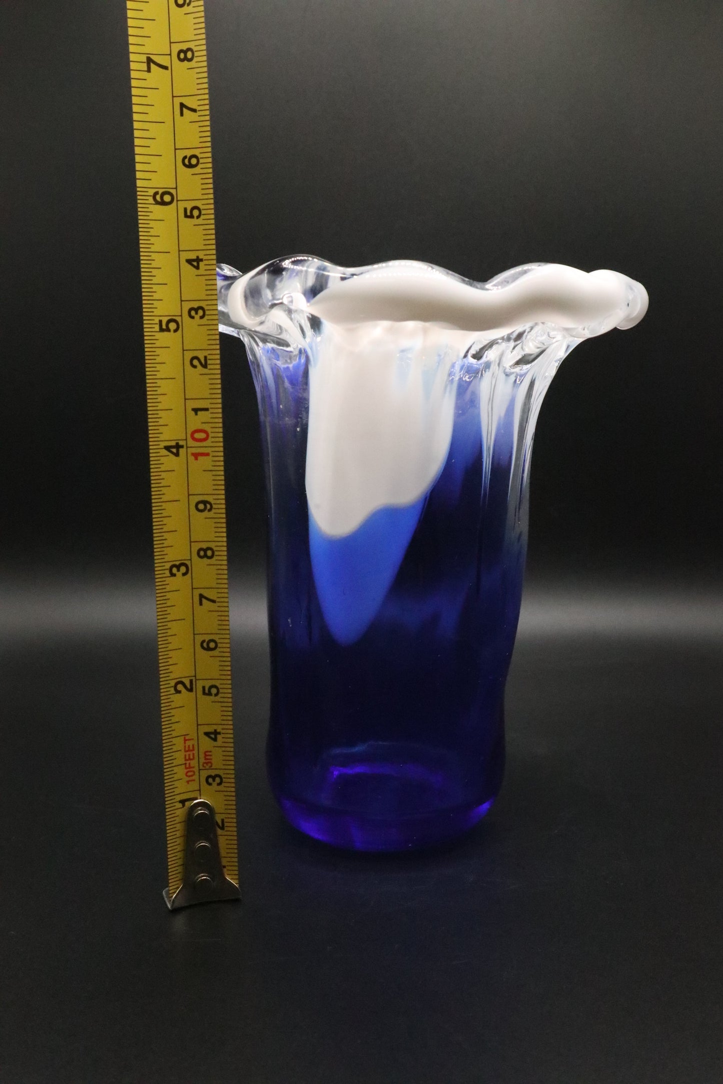 VINTAGE COBALT BLUE WHITE RUFFLE ART GLASS VASE