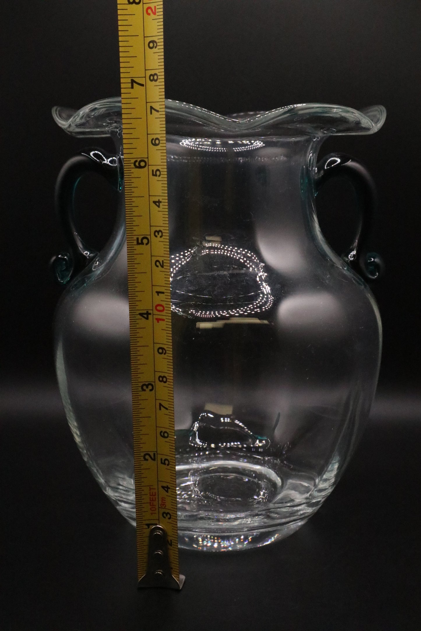 ART GLASS VASE WITH GREEN HAND BLOWN APPLIED HANDLES