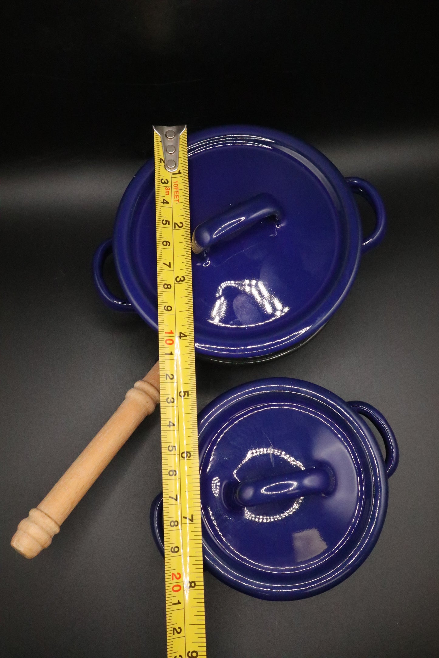 CHILD'S BLUE ENAMELED POTS SET OF 3