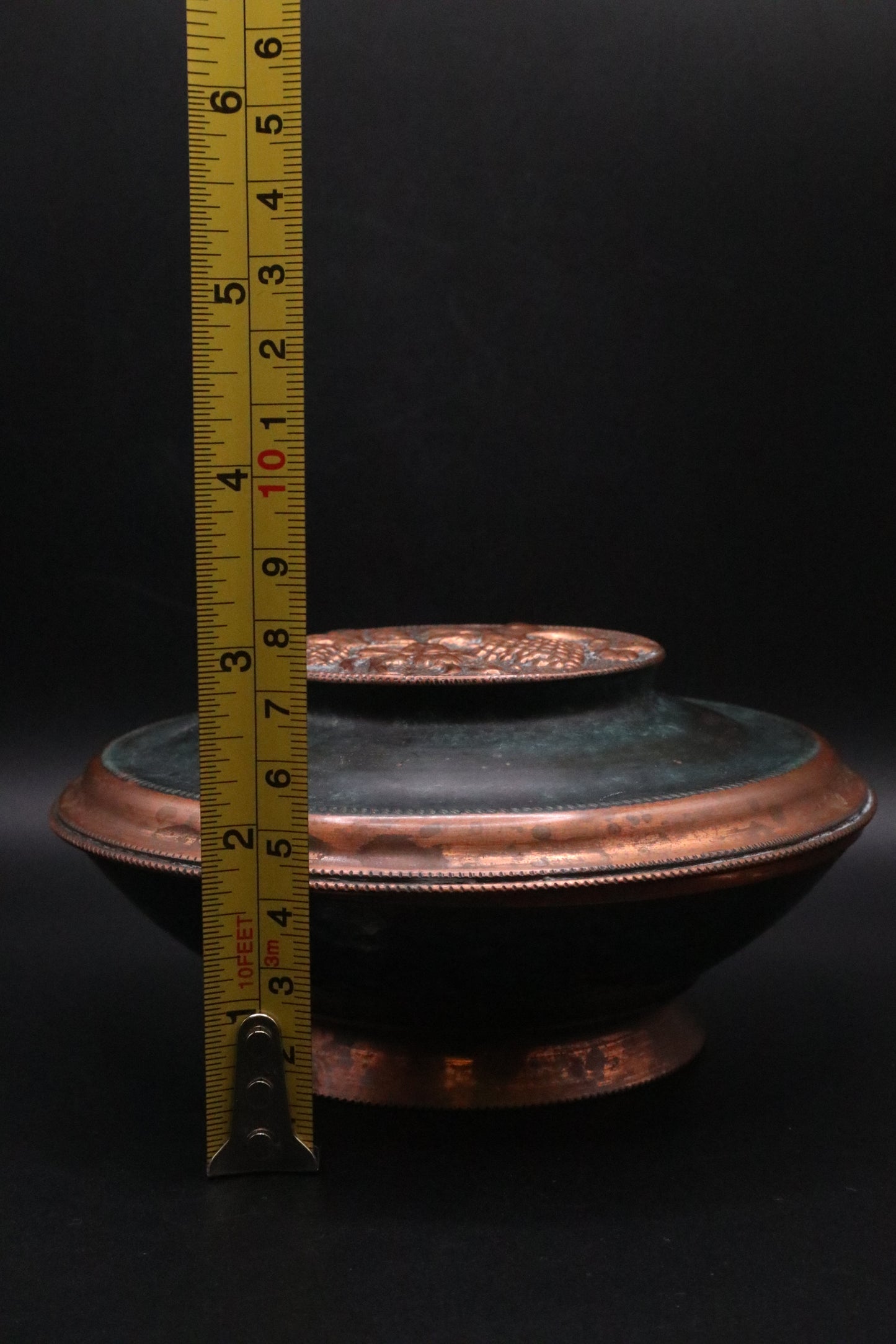 VINTAGE JUDAICA COPPER AND VERDIGRIS BOWL WITH LID