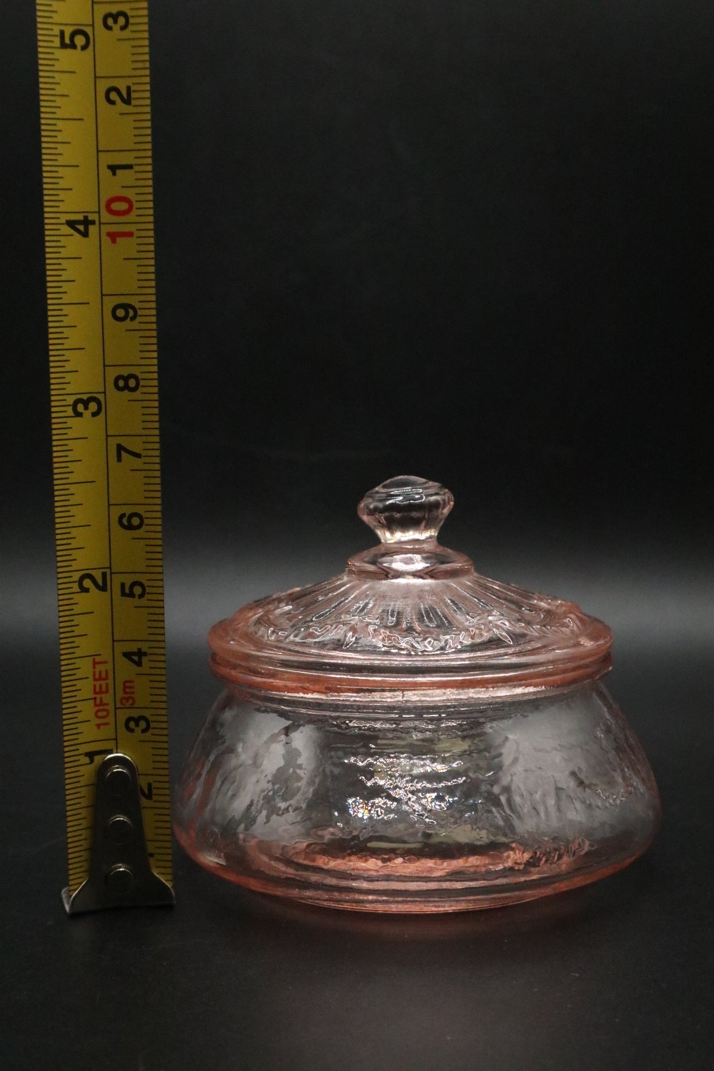 VINTAGE PINK GLASS LIDDED TRINKET JAR W/ BOWDESIGN