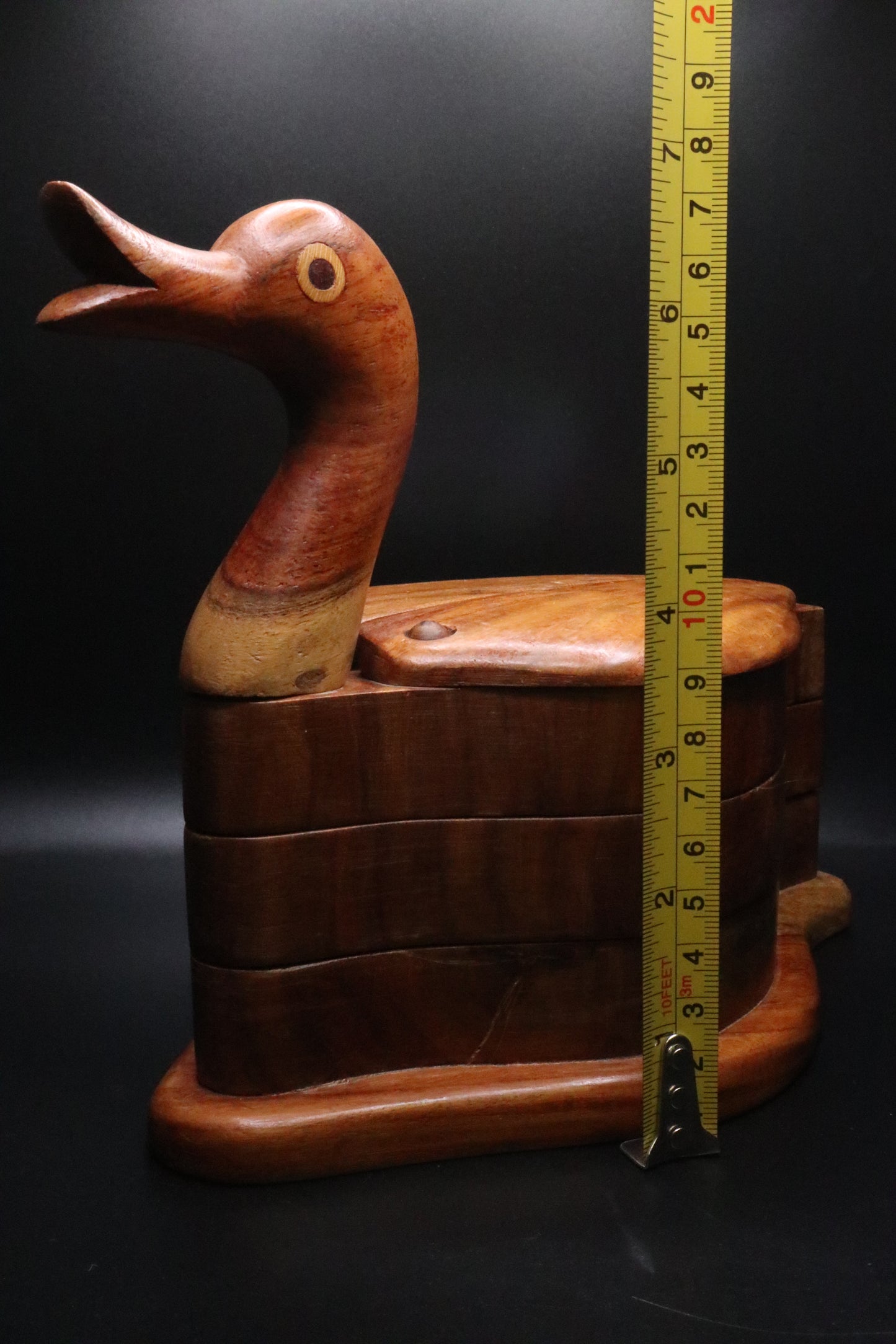 VINTAGE HAND CARVED WOODEN DUCK THREE TIER TRINKET