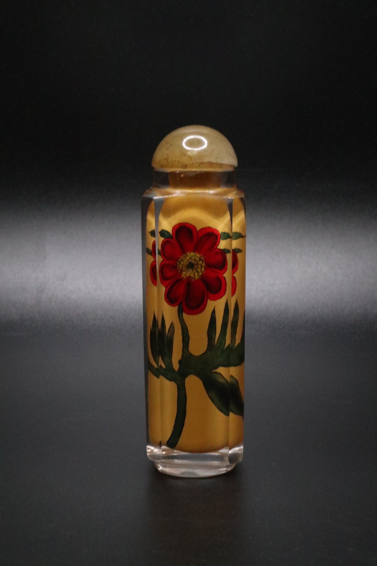 VINTAGE CHINESE HAND PAINTED GLASS SNUFF BOTTLE REVERSE PAINTED "POPPY"