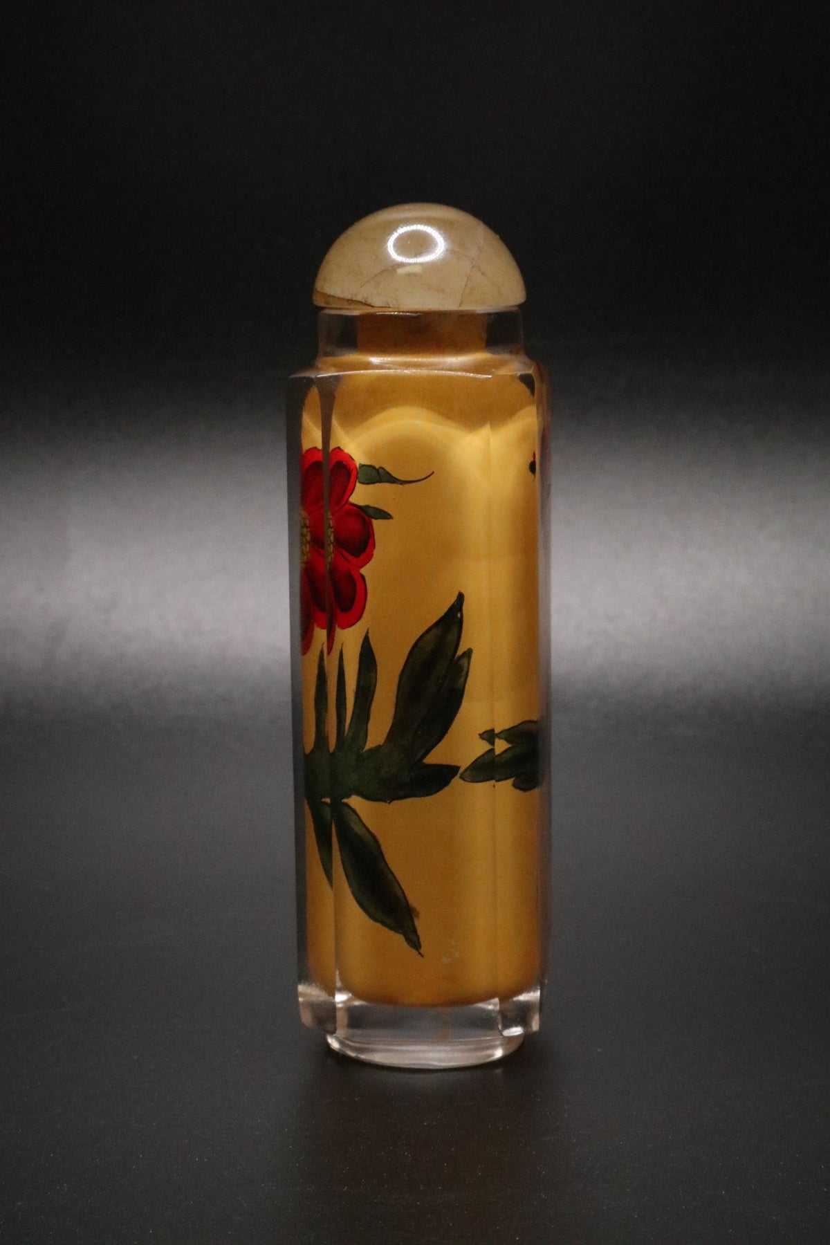 VINTAGE CHINESE HAND PAINTED GLASS SNUFF BOTTLE REVERSE PAINTED "POPPY"