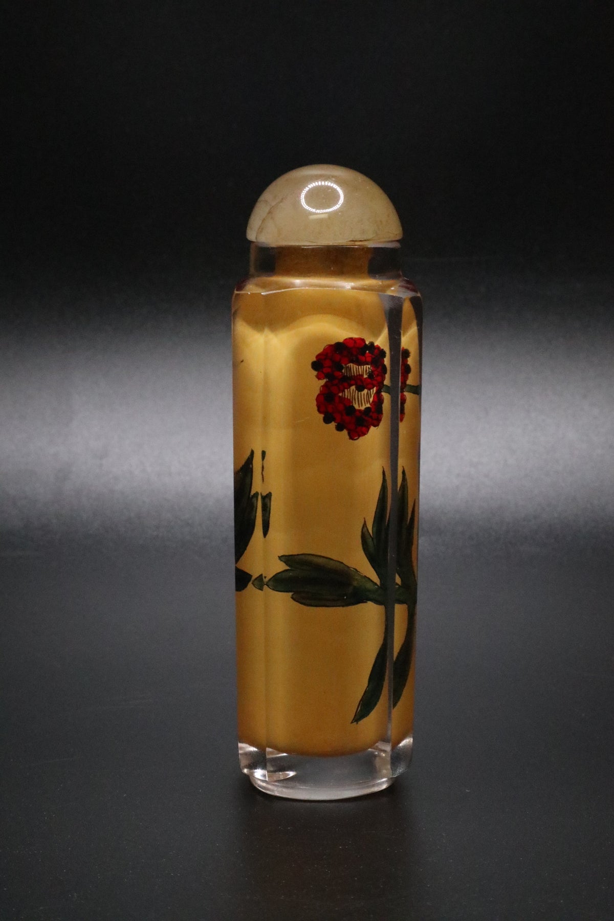 VINTAGE CHINESE HAND PAINTED GLASS SNUFF BOTTLE REVERSE PAINTED "POPPY"