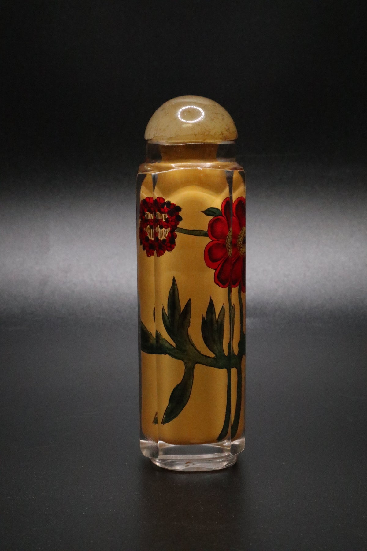 VINTAGE CHINESE HAND PAINTED GLASS SNUFF BOTTLE REVERSE PAINTED "POPPY"
