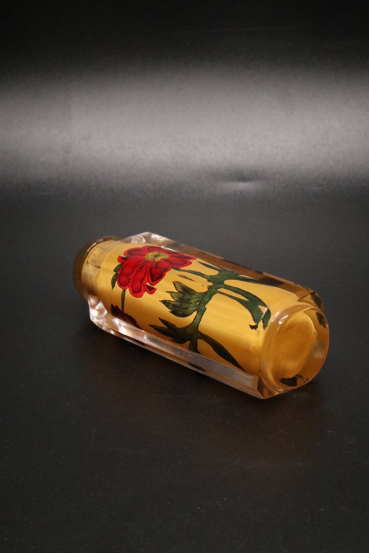 VINTAGE CHINESE HAND PAINTED GLASS SNUFF BOTTLE REVERSE PAINTED "POPPY"