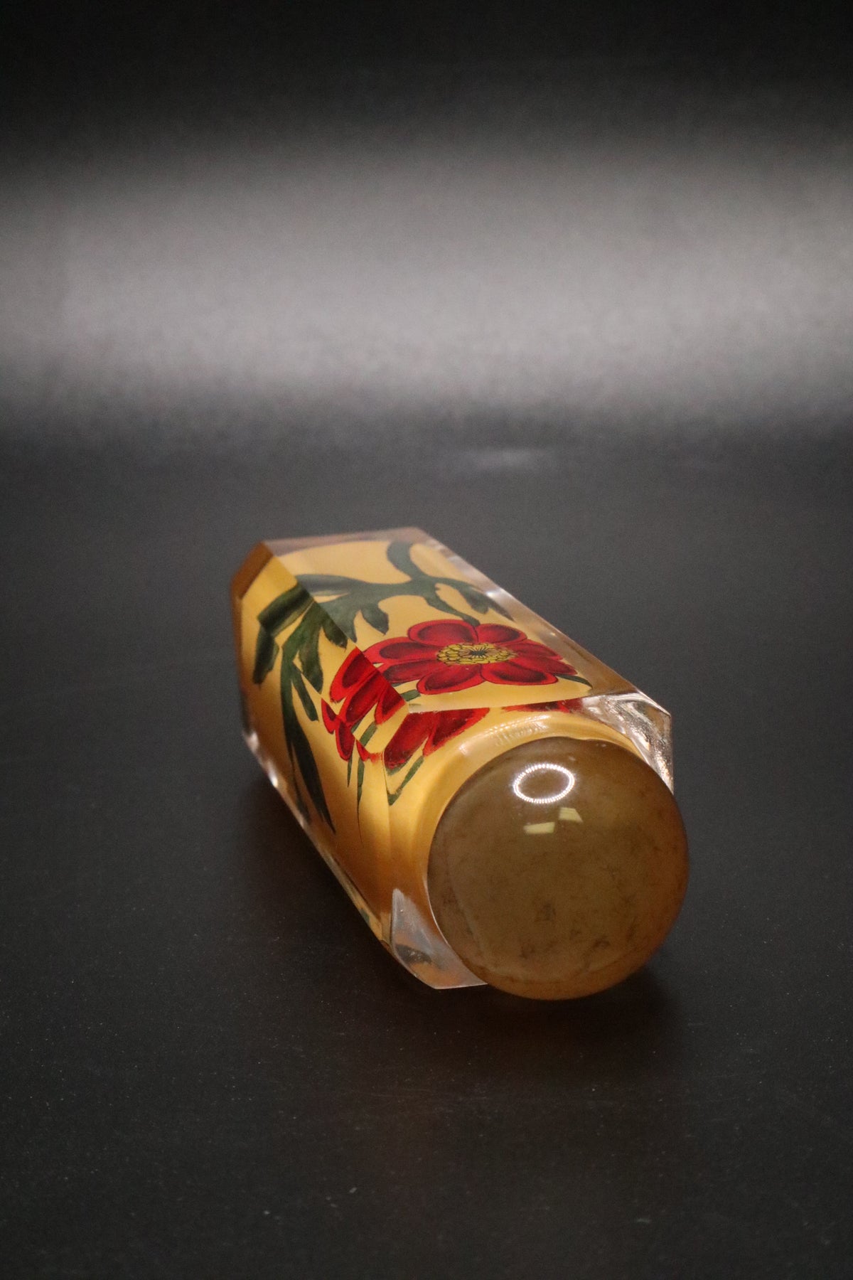 VINTAGE CHINESE HAND PAINTED GLASS SNUFF BOTTLE REVERSE PAINTED "POPPY"