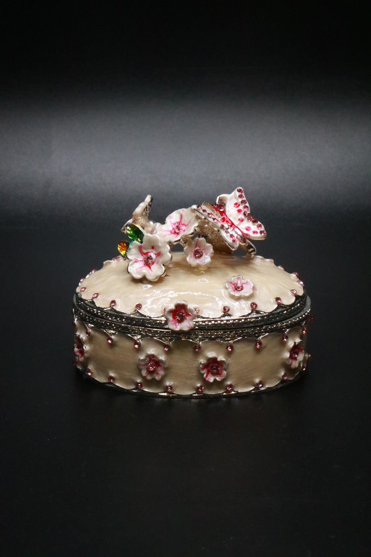 HAND PAINTED ENAMEL CHERRY BLOSSOM BUTTERFLY TRINKET BOX