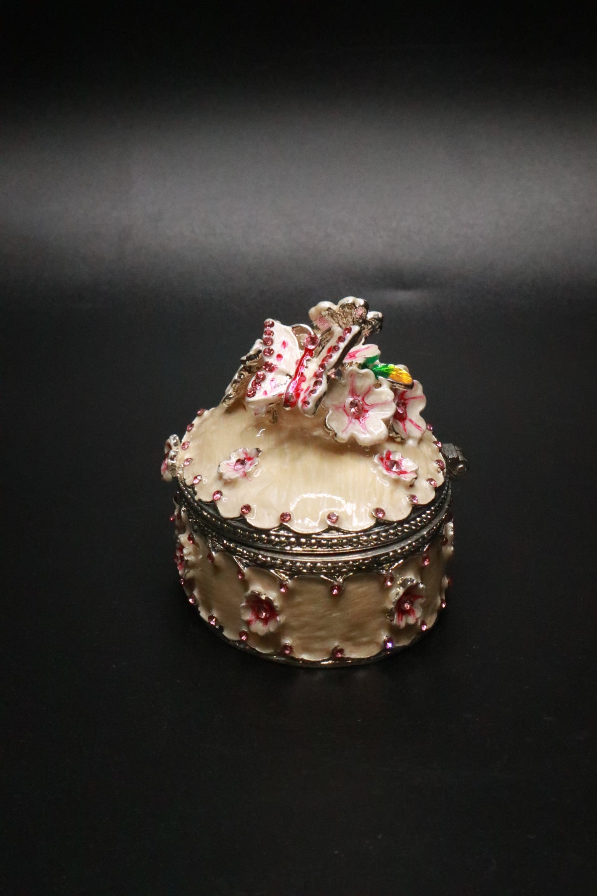 HAND PAINTED ENAMEL CHERRY BLOSSOM BUTTERFLY TRINKET BOX