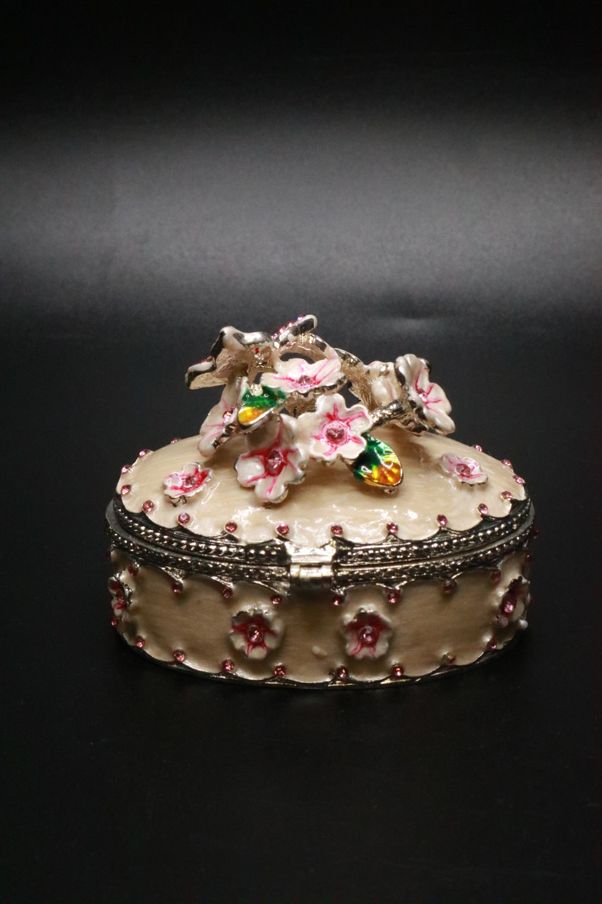 HAND PAINTED ENAMEL CHERRY BLOSSOM BUTTERFLY TRINKET BOX