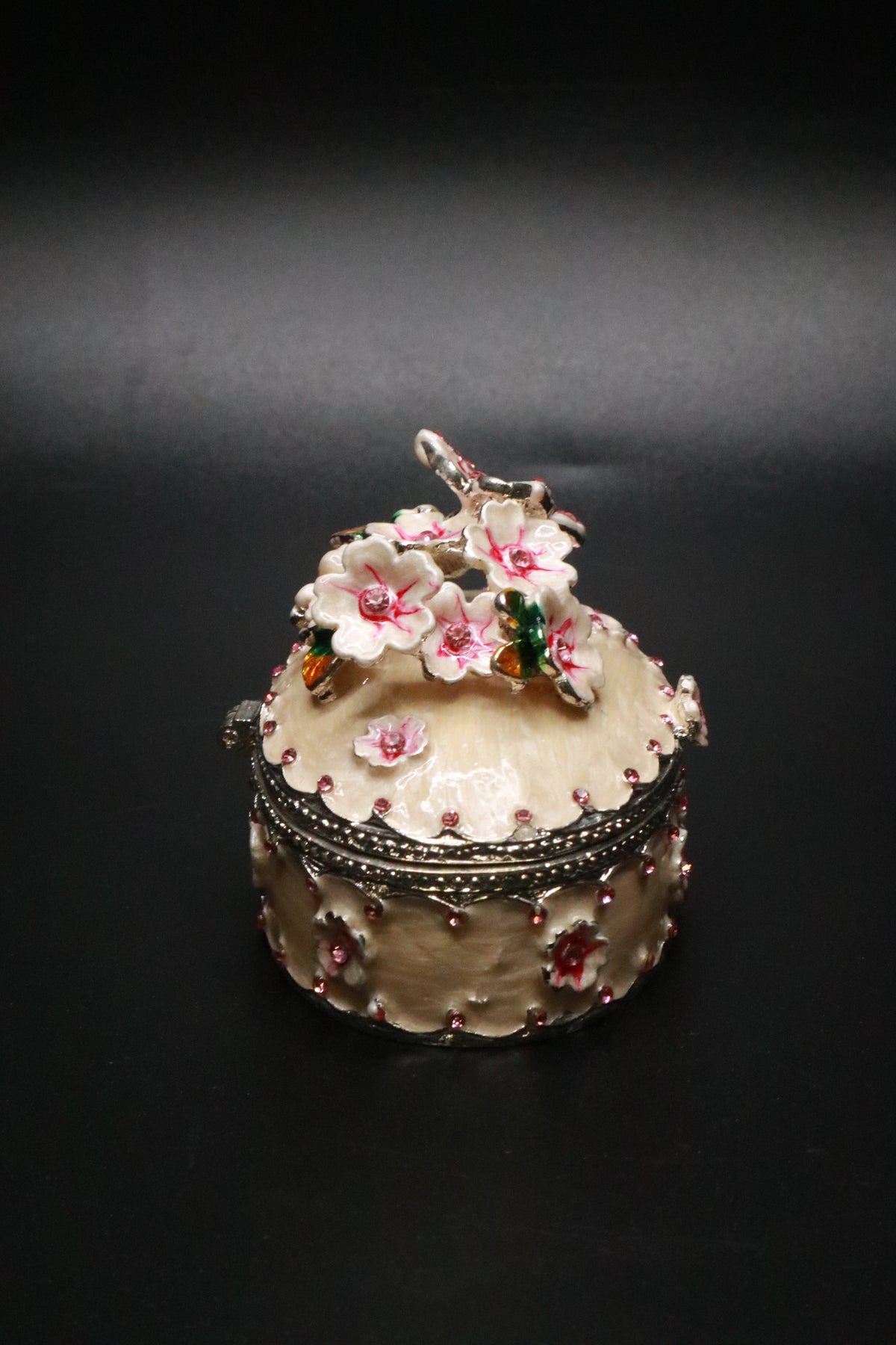 HAND PAINTED ENAMEL CHERRY BLOSSOM BUTTERFLY TRINKET BOX