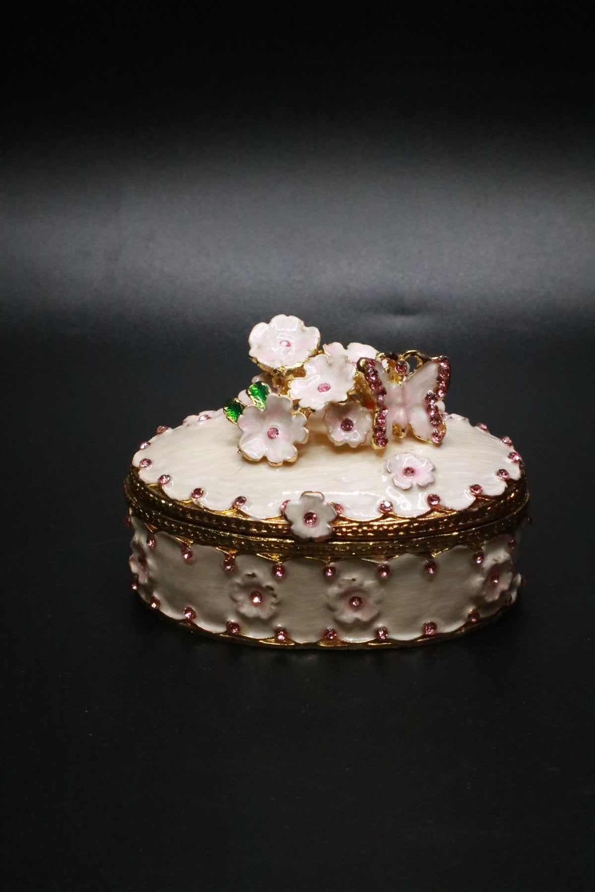 HAND PAINTED ENAMEL CHERRY BLOSSOM BUTTERFLY TRINKET BOX