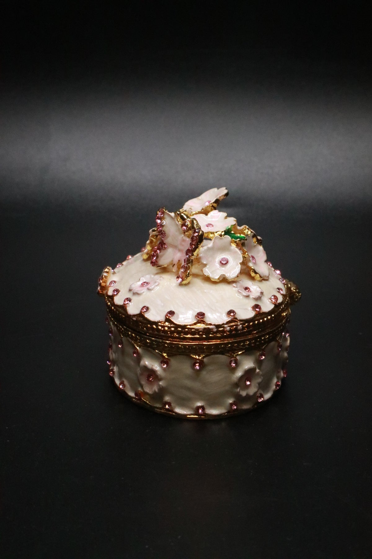 HAND PAINTED ENAMEL CHERRY BLOSSOM BUTTERFLY TRINKET BOX