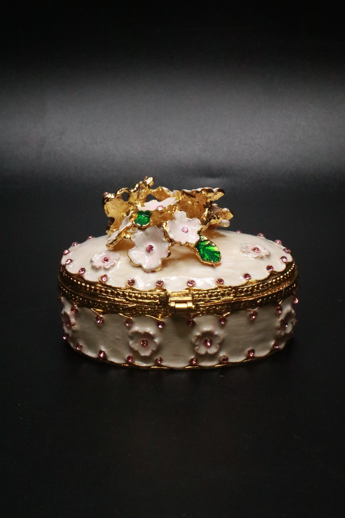 HAND PAINTED ENAMEL CHERRY BLOSSOM BUTTERFLY TRINKET BOX
