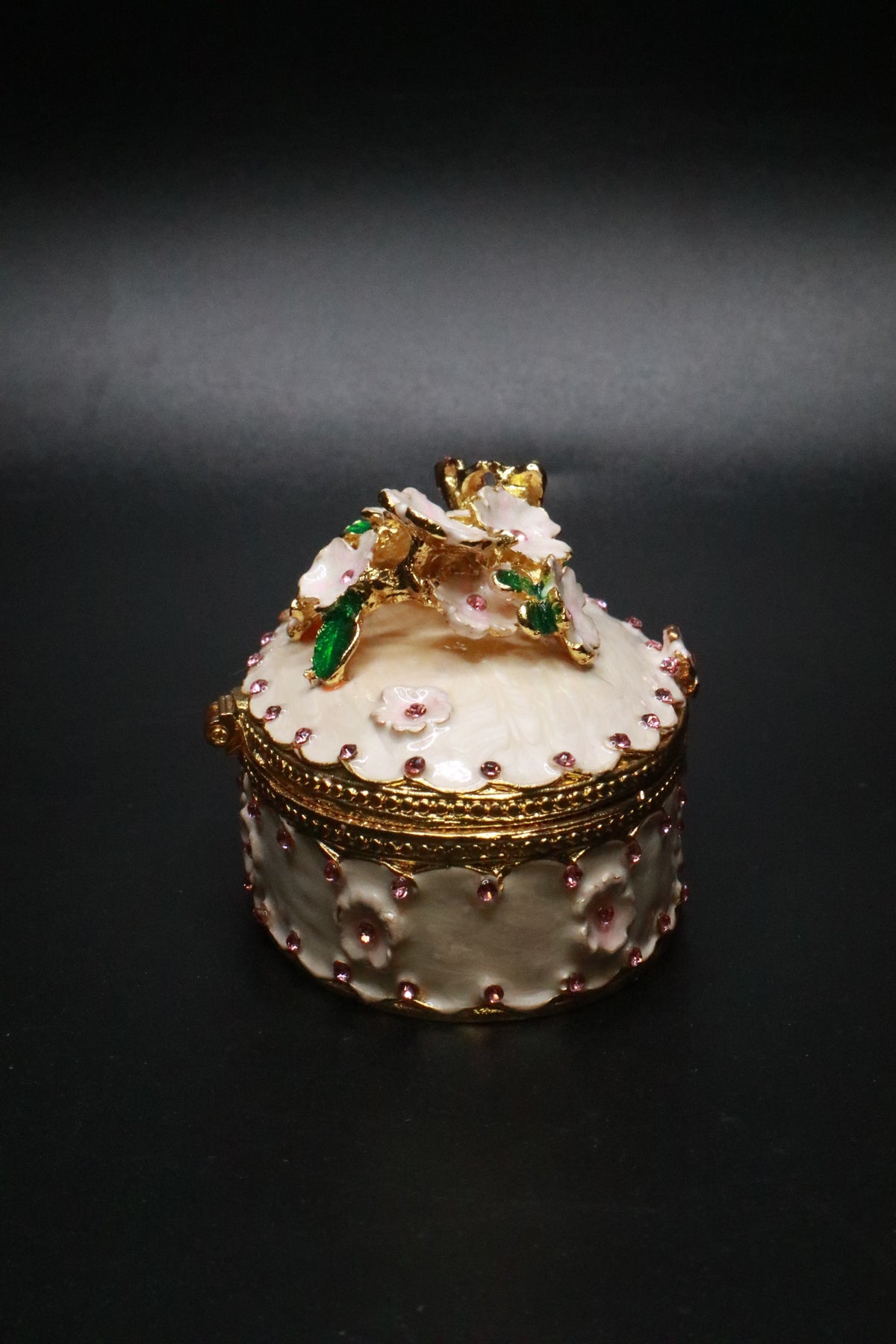 HAND PAINTED ENAMEL CHERRY BLOSSOM BUTTERFLY TRINKET BOX