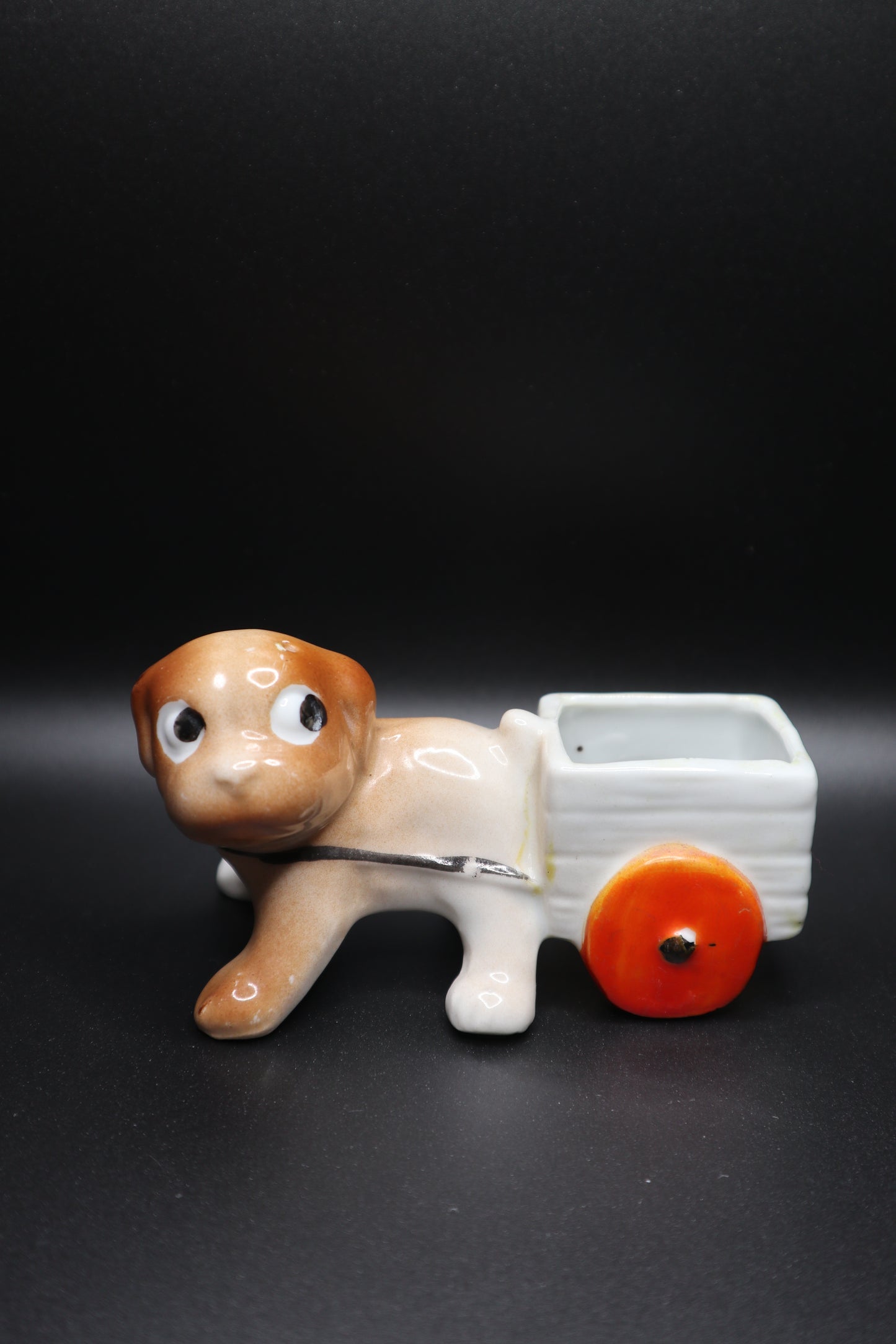 VINTAGE CERAMIC PIN CUSHION DOG PULLING CART
