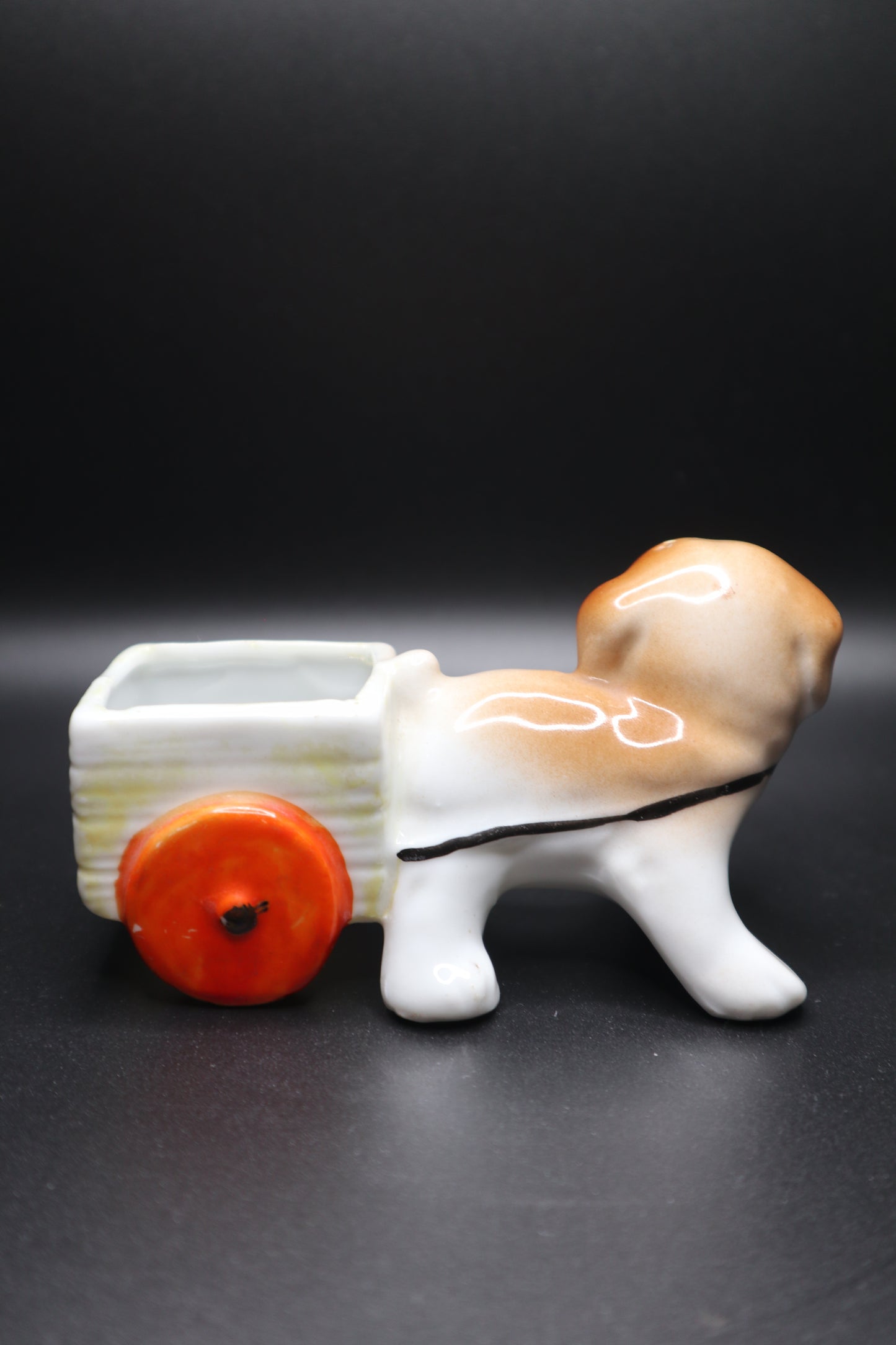VINTAGE CERAMIC PIN CUSHION DOG PULLING CART