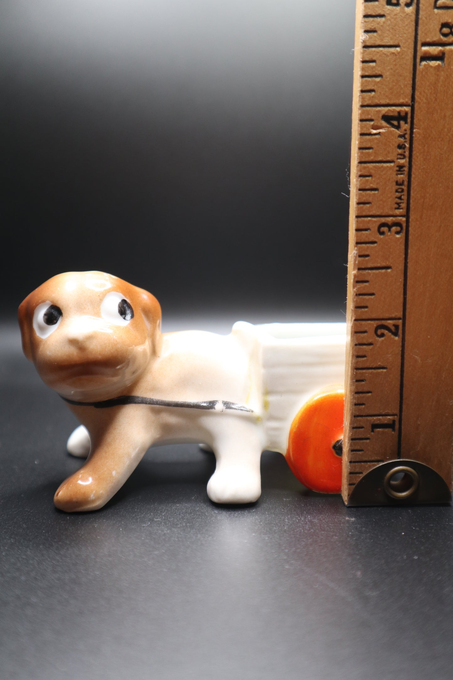 VINTAGE CERAMIC PIN CUSHION DOG PULLING CART