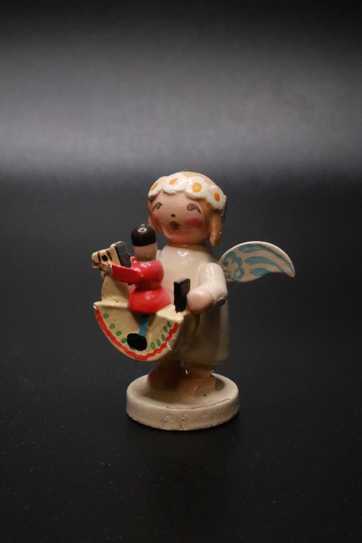 WENDT AND KüHN GERMAN "MARGUERITE ANGEL" FIGURINE "ROCKING HORSE"
